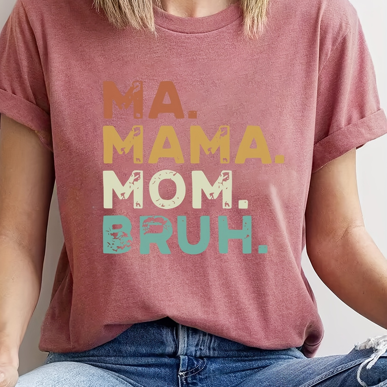 

Mama Mom Bruh Letter Print T-shirt, Short Sleeve Crew Neck Casual Top For Summer & Spring, Women's Clothing