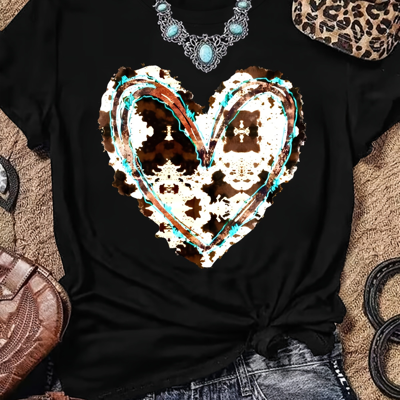 

Western Valentine's T-shirt, Short Sleeve Crew Neck Casual Top For Summer & Spring, Women's Clothing