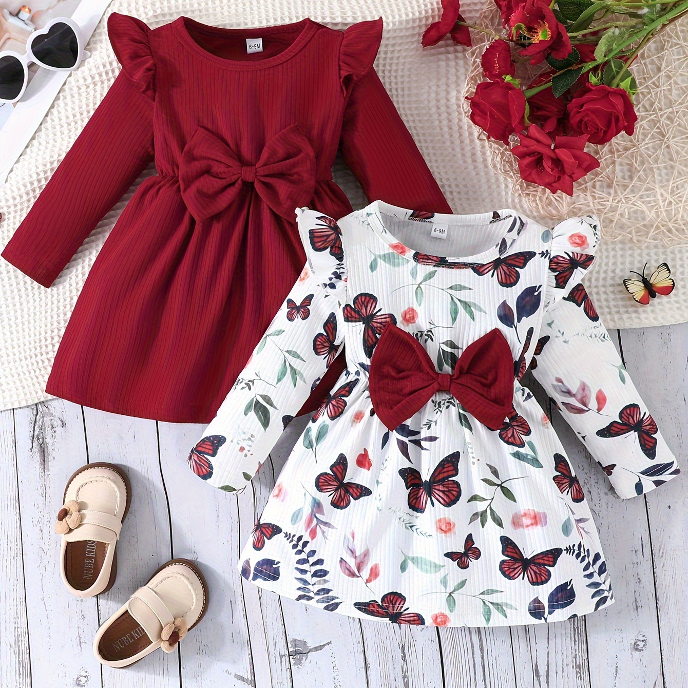 

Two-piece Set Baby Girls Simple And Cute And Autumn Rose Printed Small Flying Sleeve Round Neck Dress Solid Color Groove Dress Combination Set