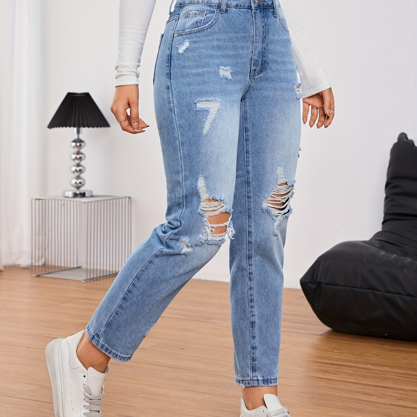 

Jeans Taille Haute pour Femmes à Jambe Droite et Effet Distressed - Pantalon en Denim Décontracté avec Ourlet Déchiré, Confort Toutes , Bleu