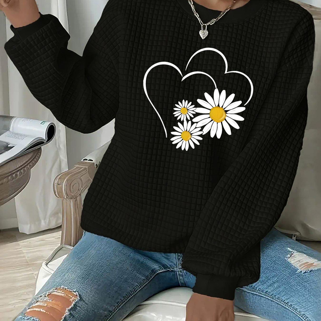 

Size Floral Print Waffle-knit Sweatshirt For Women - Casual Crew Neck, Long Sleeve Pullover With Drop Shoulder Design, Stretchy Polyester , Machine Washable - Fall & Winter