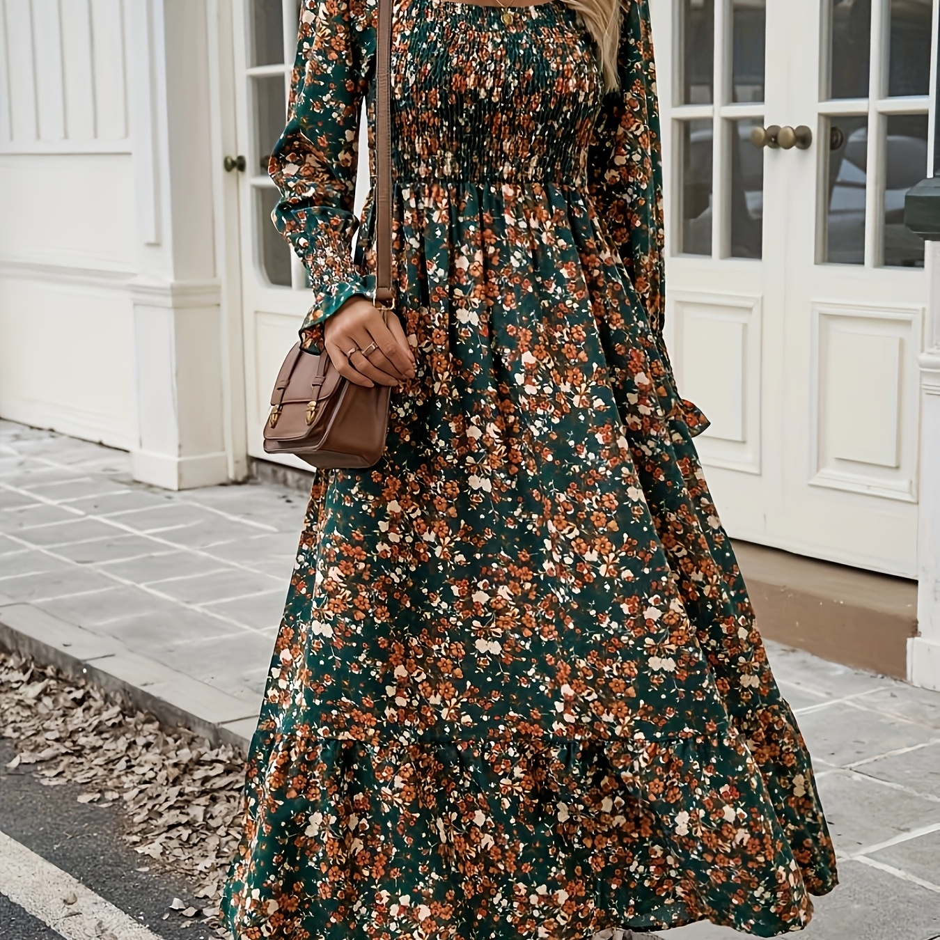 

Robe à imprimé floral, , manches longues élégantes, robe trapèze à la cheville, vêtements pour femmes.