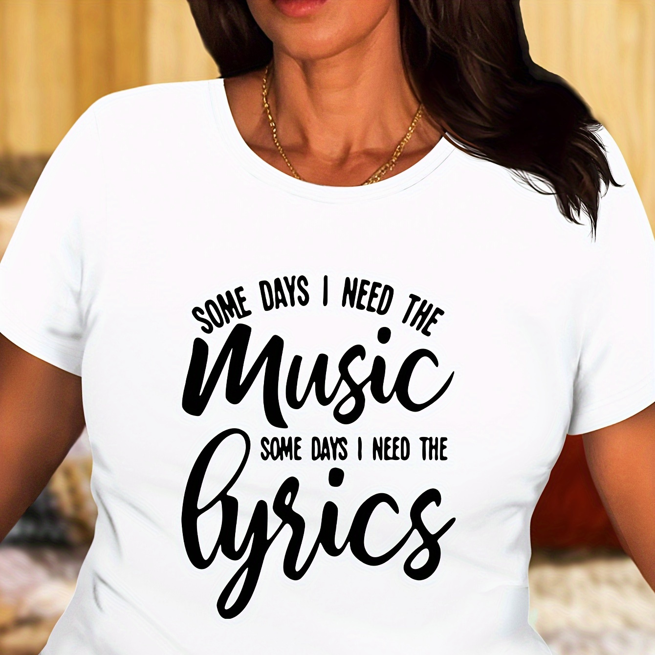 

Plus Size Music Letter Print T-shirt, Short Sleeve Crew Neck Casual Top For Summer & Spring, Women's Plus Size Clothing