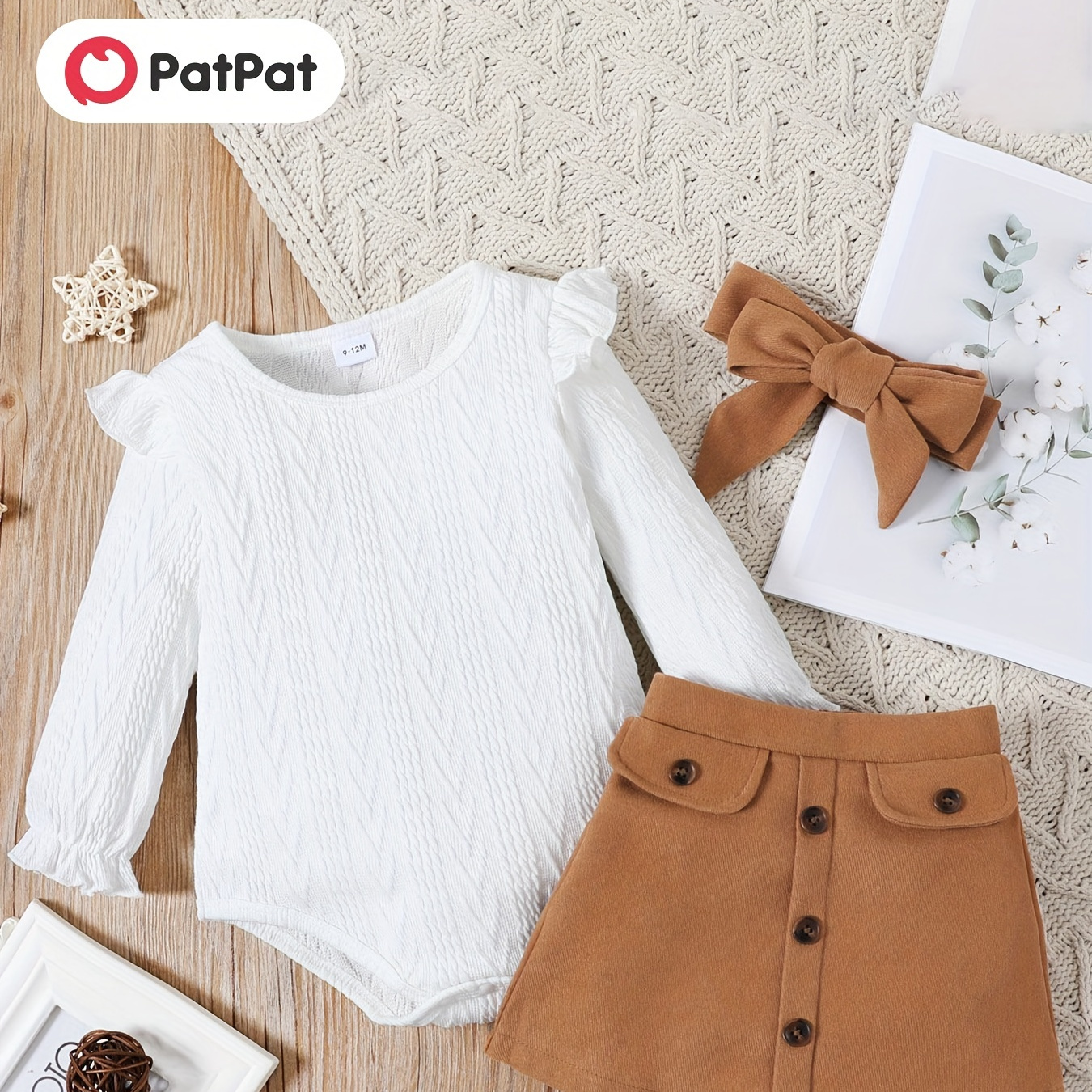 

Patpat 3pcs Baby Girl Elegant Ruffled Cable Knit Textured White Round Neck Long Flying-sleeve Sweater, Button Design Brown Skirt And Headband Set For Spring & Autumn/fall