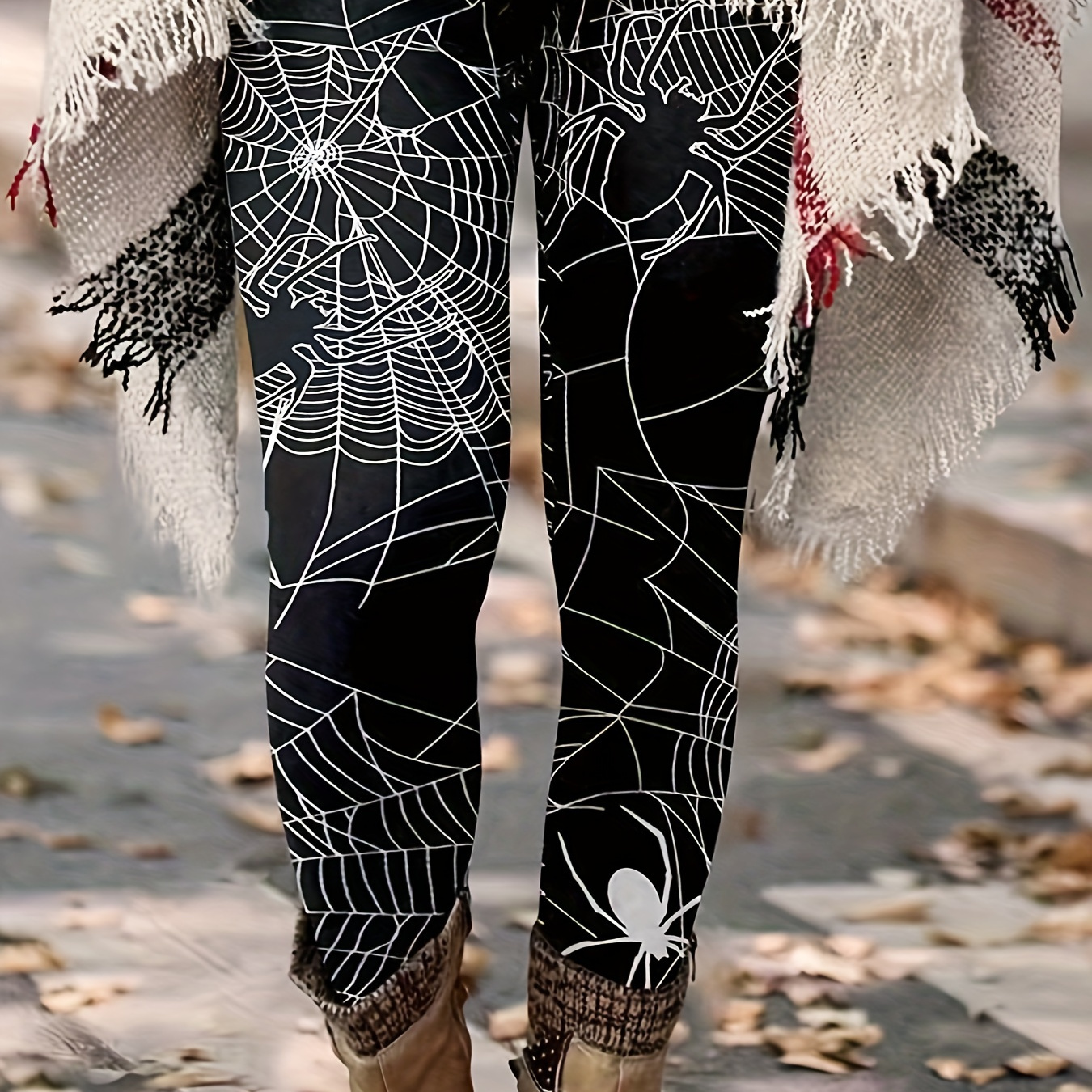 

Spider Web Print Skinny Leggings, Casual High Waist Stretchy Workout Leggings For Daily Wear, Women's Clothing