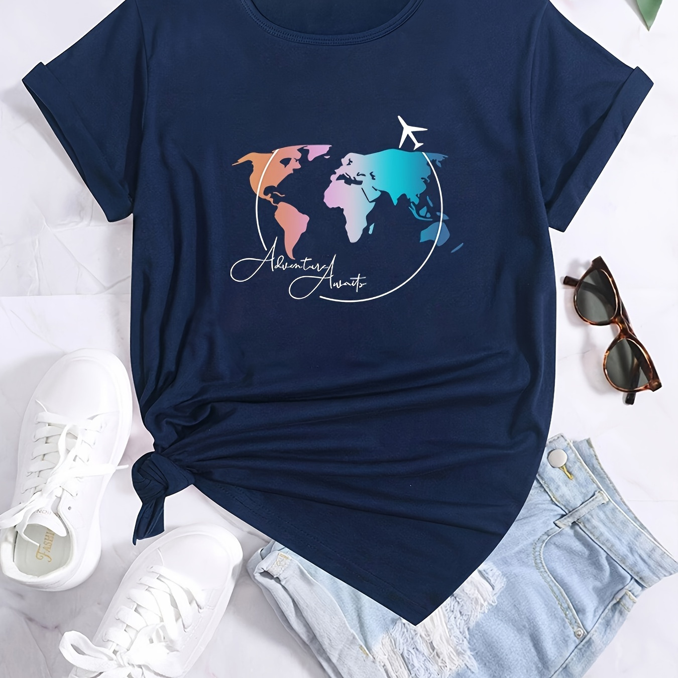 

Airplane & Letter Print Comfy T-shirt, Crew Neck Short Sleeves Sports Tee, Women's Casual Tops