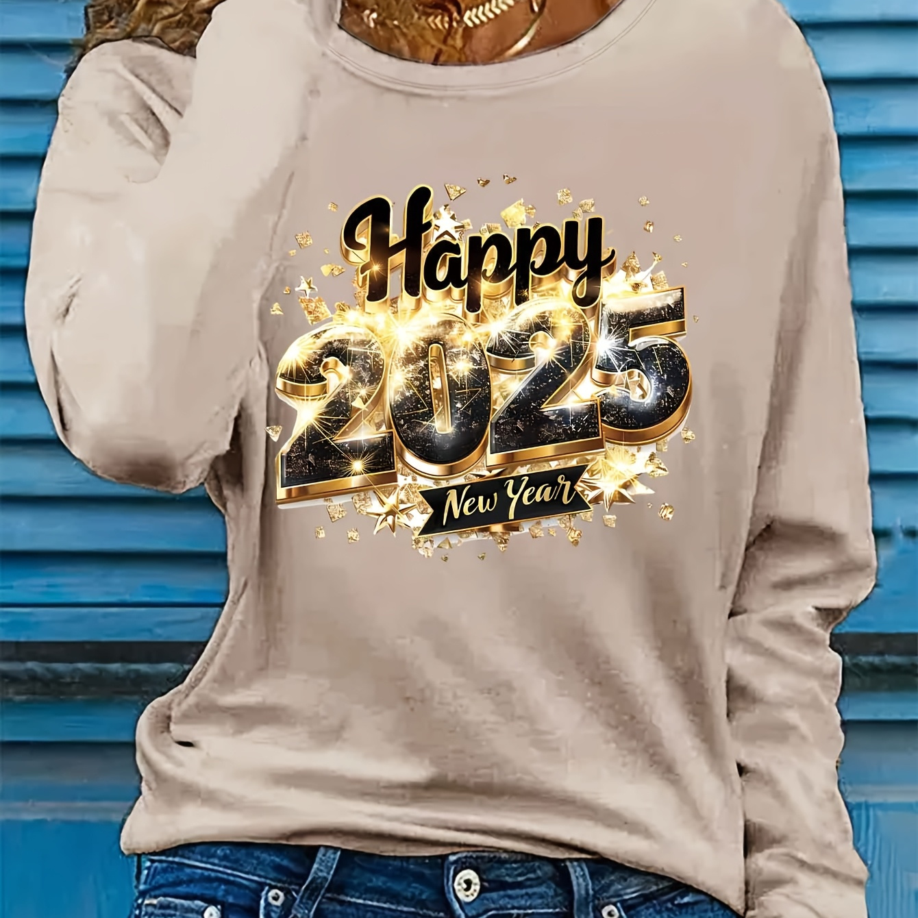 

1pc Women' 2025 New Year's Letter Print Long Sleeve T-shirt - Casual Crew Neck Polyester Top For All