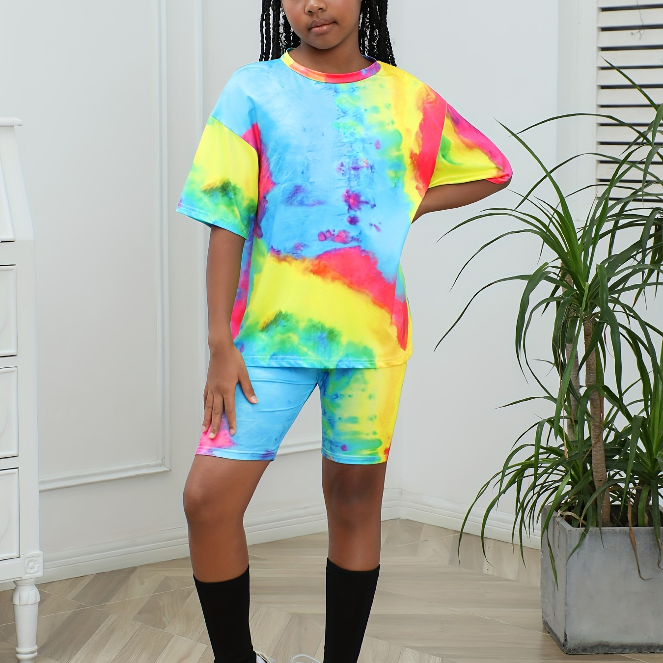 

2pcs Set, Tie-dye Round T- And Set For /summer