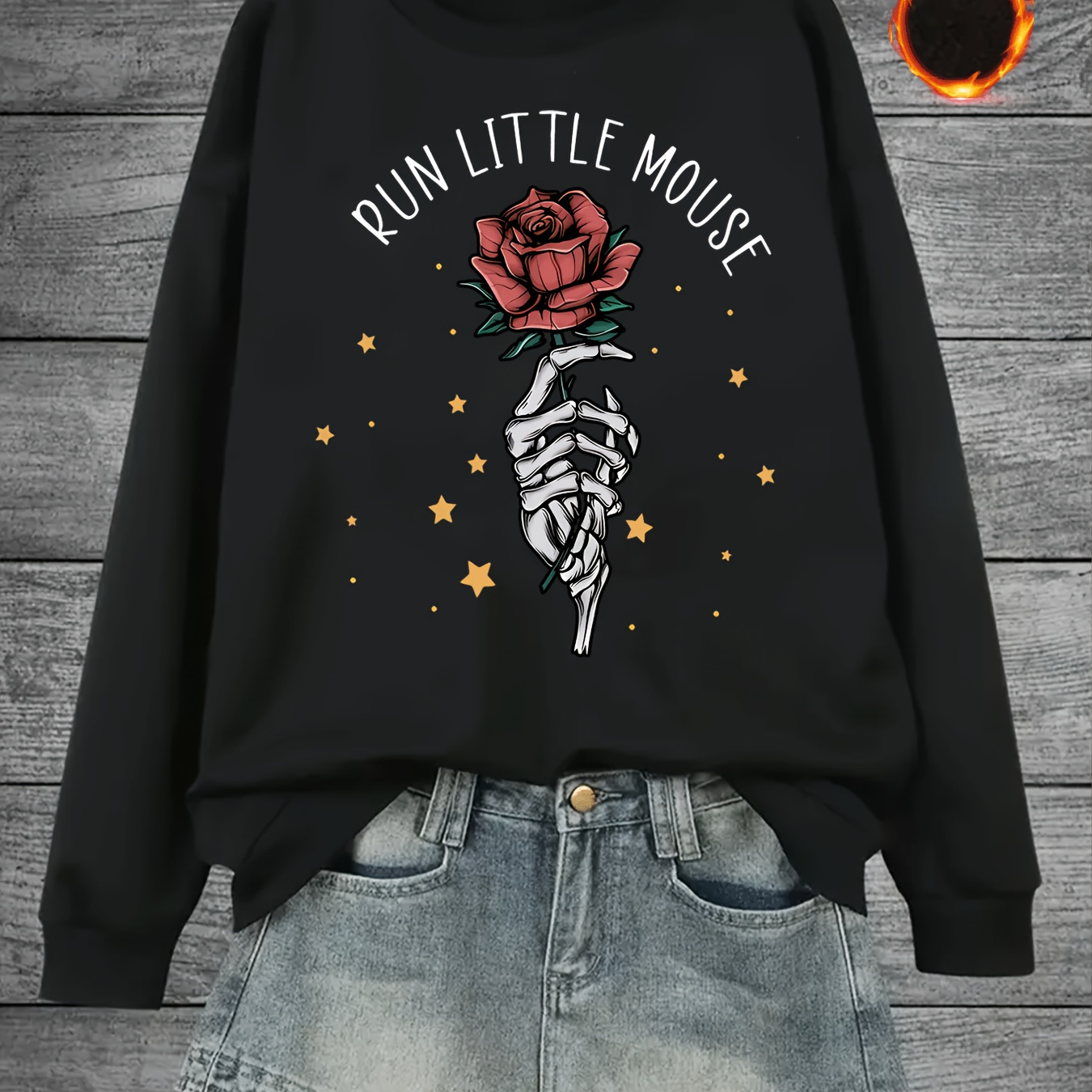 

Women's All-season Polyester Crew Neck Sweatshirt - Floral Rose Print Pullover With Slight Stretch, Adult Sports Style Knit Fabric Top With "run Little Mouse" Graphic