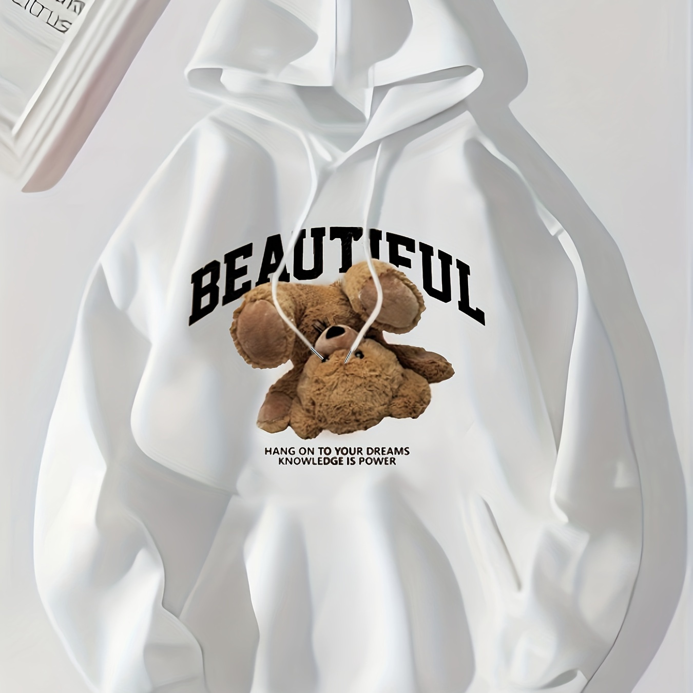 Bear Print Kangaroo Pocket Hoodie, Casual Long Sleeve Drawstring Hoodies Sweatshirt, Women's Clothing