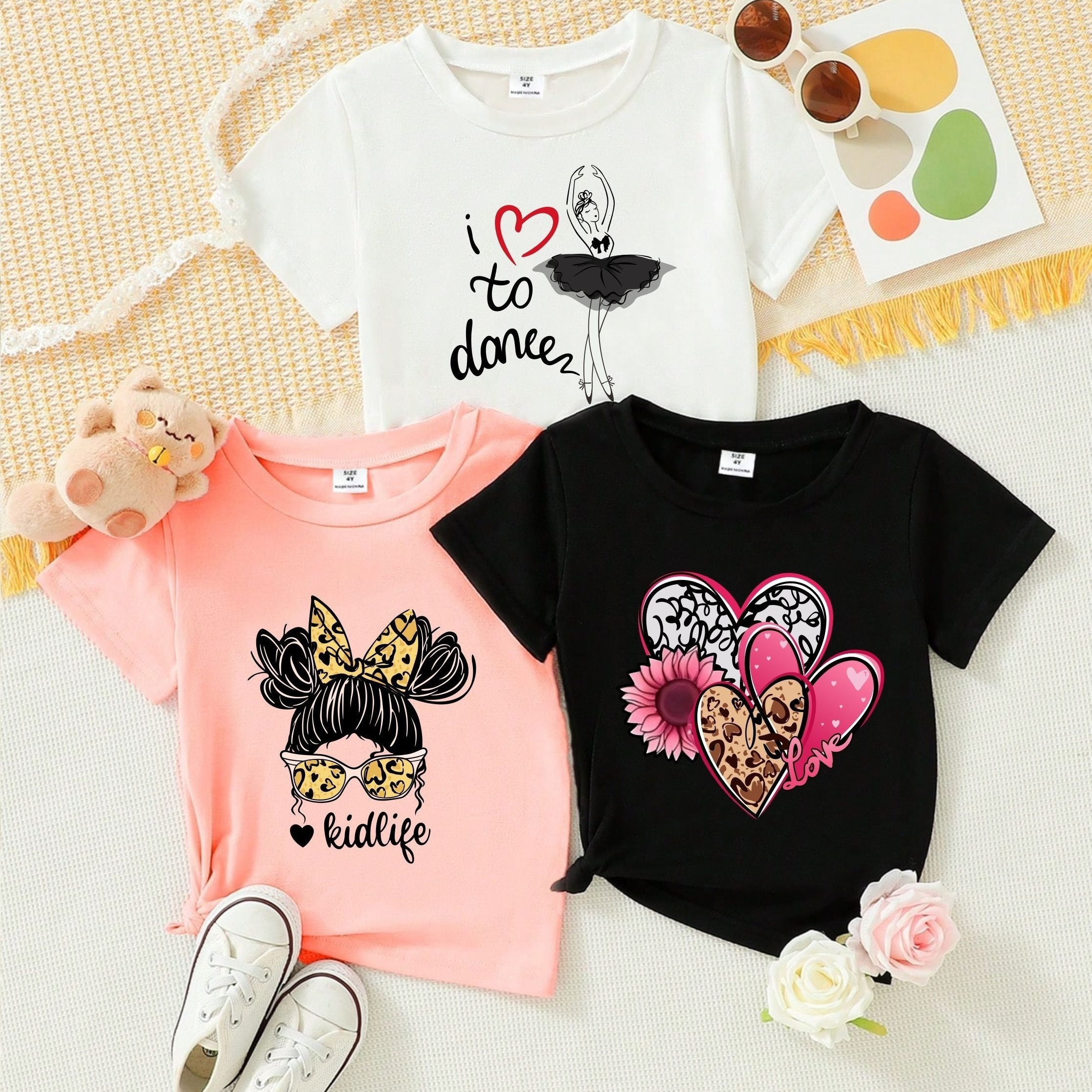 

3pcs, Knit Letters And Girl And Heart Print Short Sleeve Crew Neck T-shirts Set For Girls, Casual And Comfy Summer Tee Top Daily Wear