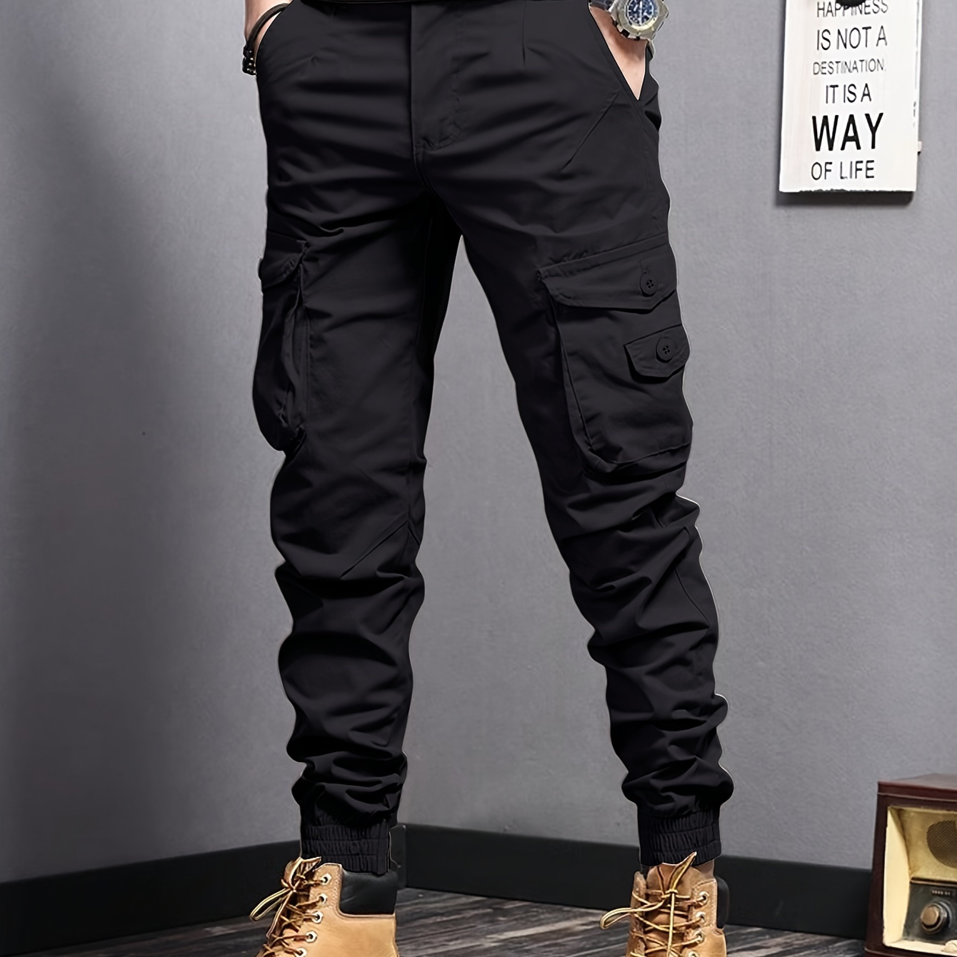 

Men' Color Cargo Jogger Pants With Multiple Pockets, Retro Casual Outdoor Crop Trousers As Gift