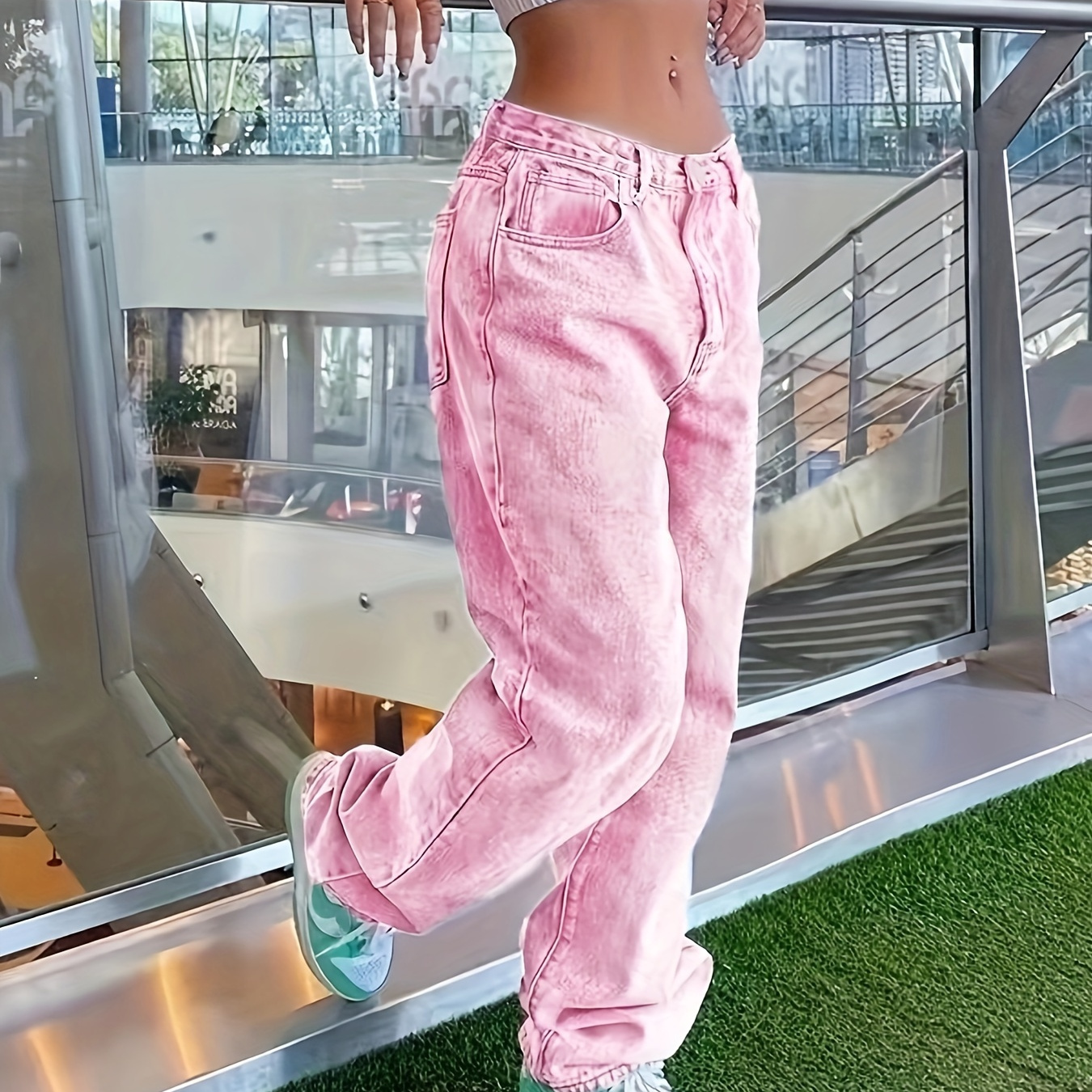 

Washed Pinkish Pastel Color Straight Leg Cute Denim Pants, Women's Denim Jeans & Clothing