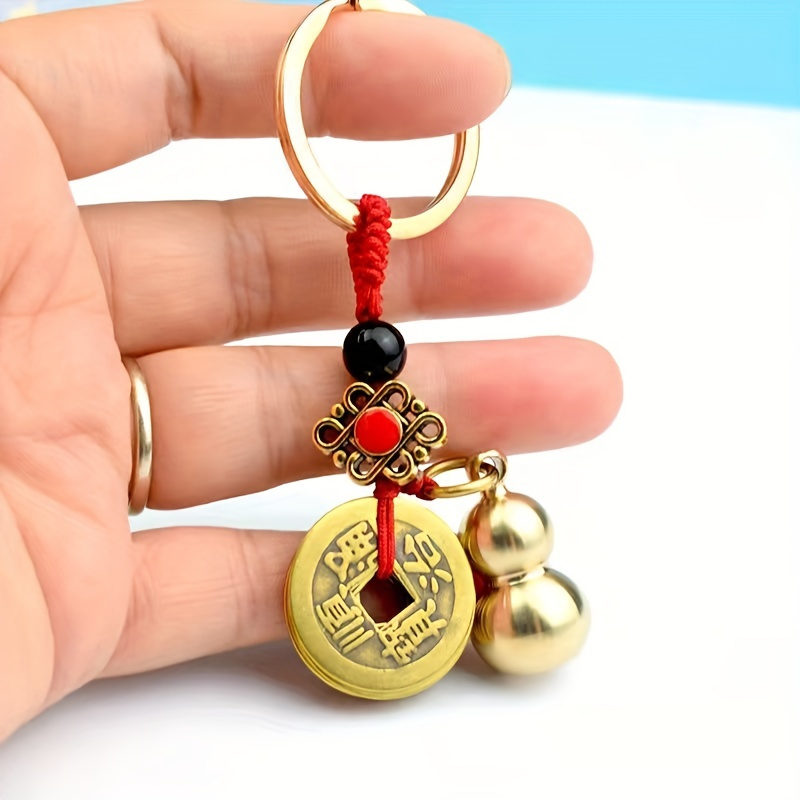 

Large Copper Gourd Key Chain With Chinese Feng Shui Coins For Good Luck Fortune, Creative Gift, Bag Car Key Ornament
