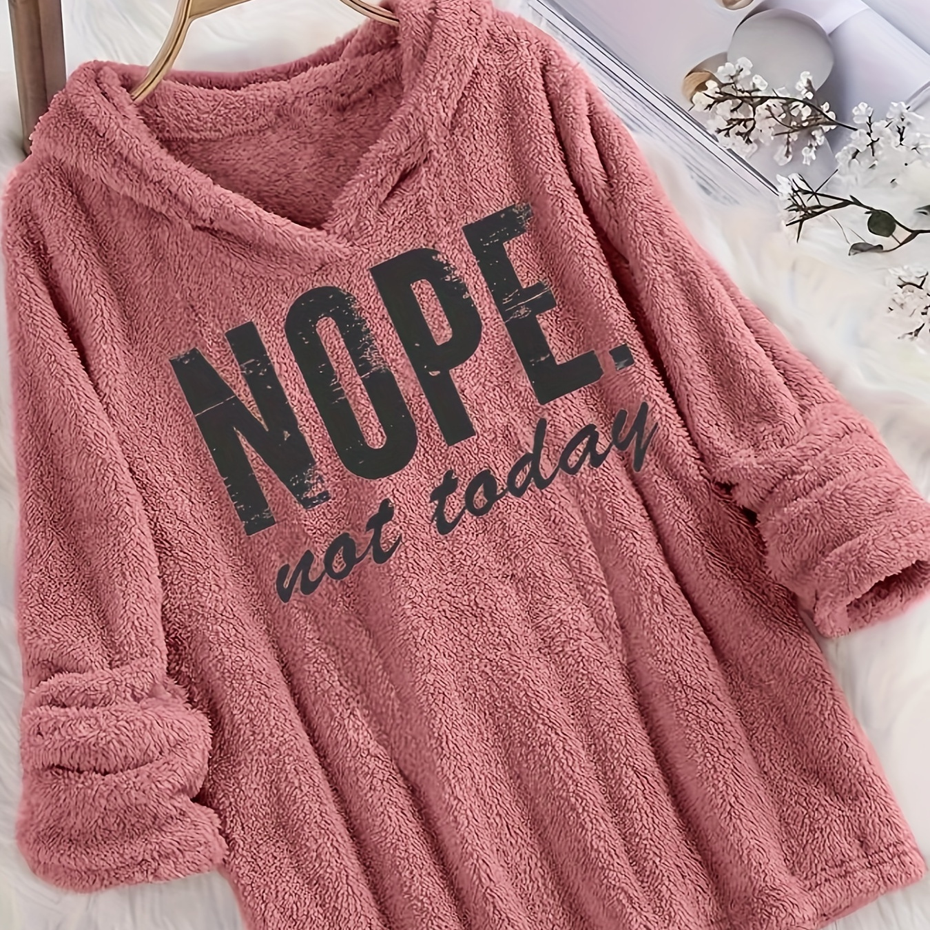 

Letter Pattern Sweatshirt, Long Drawstring Fluffy Sweatshirt For Fall & , Women's Clothing