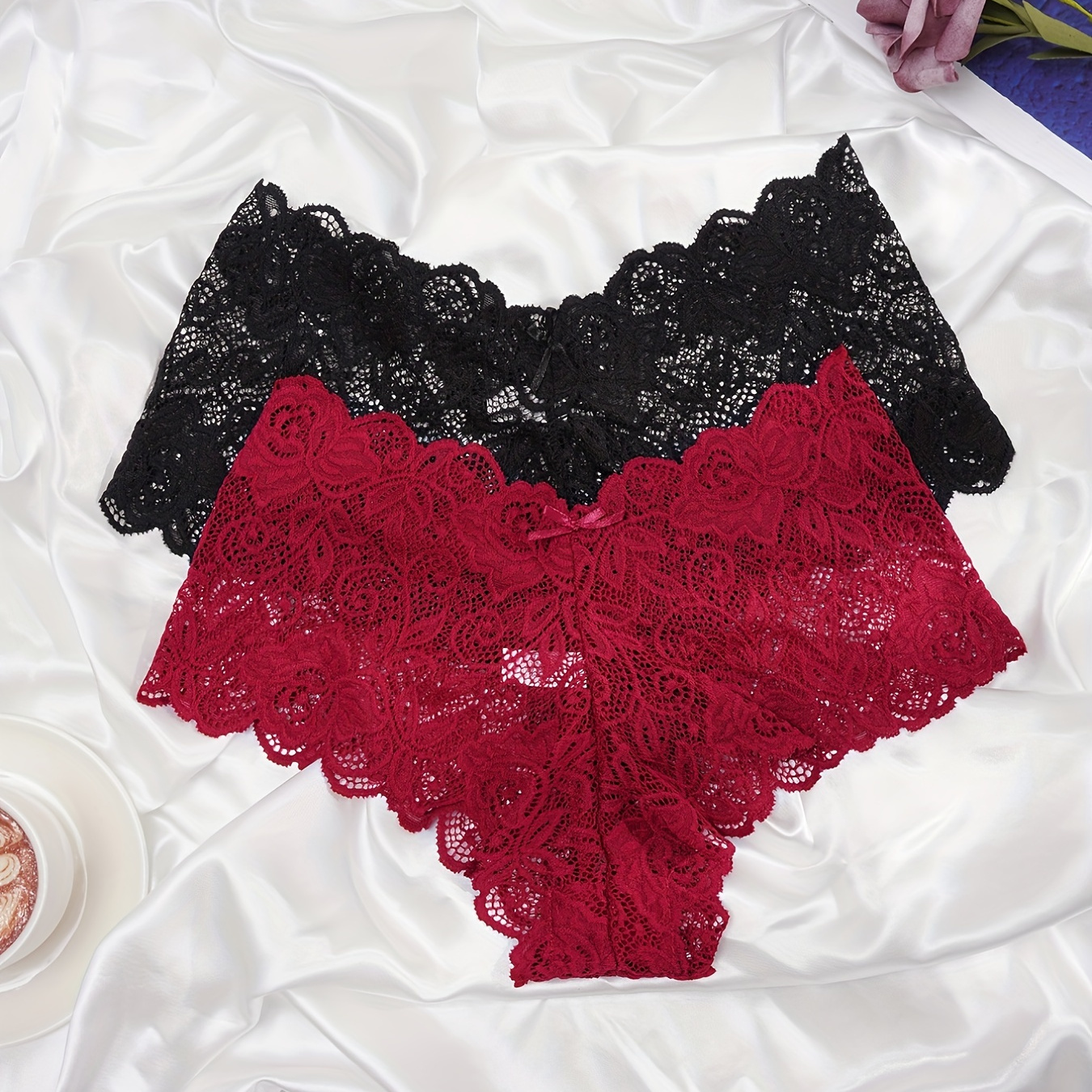 

2pcs Floral Lace Panties, Comfy & Breathable Scallop Trim Panties, Women's Lingerie & Underwear