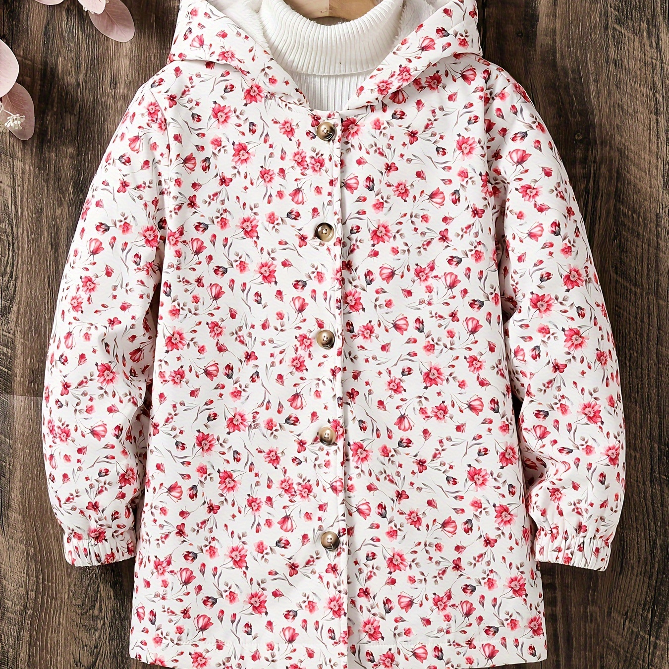 

Cute Ditsy Floral Print Girls Button Down Fleece-lined Hooded Jacket For Autumn And Winter Casual Going Out