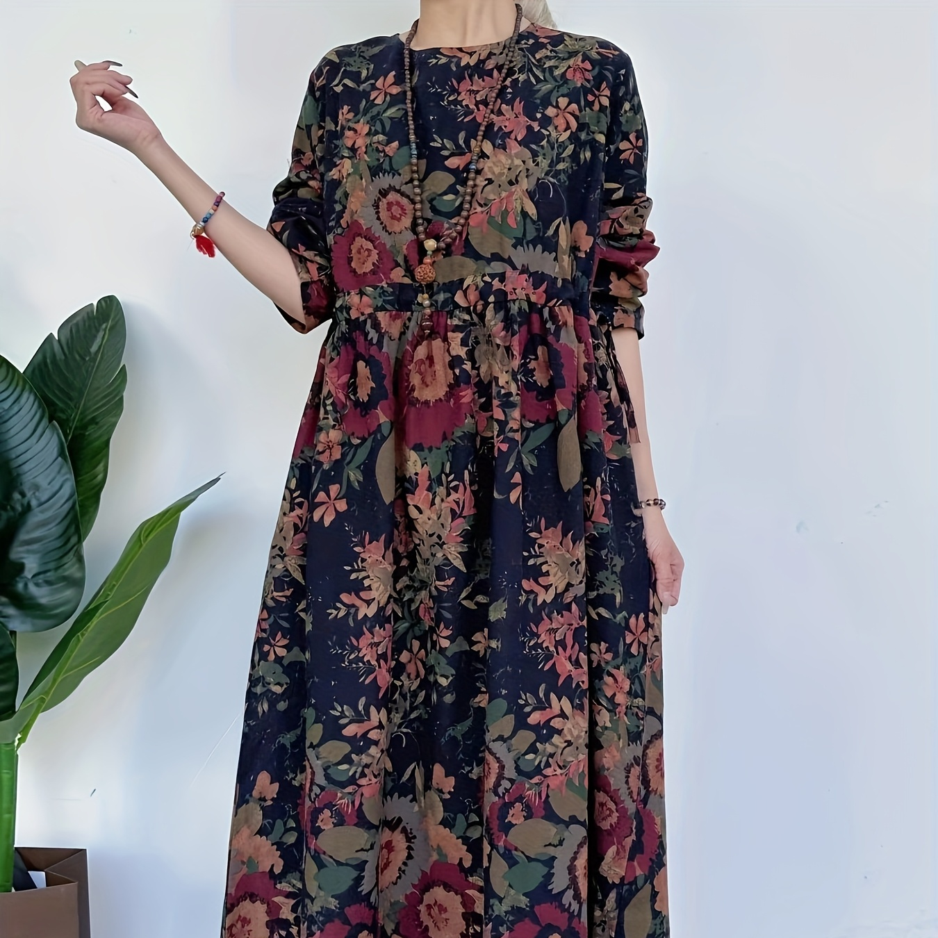 

Vintage Floral Print Long Sleeve Linen Dress With Round Neck And Pockets - Casual For Women, Spring/summer/fall