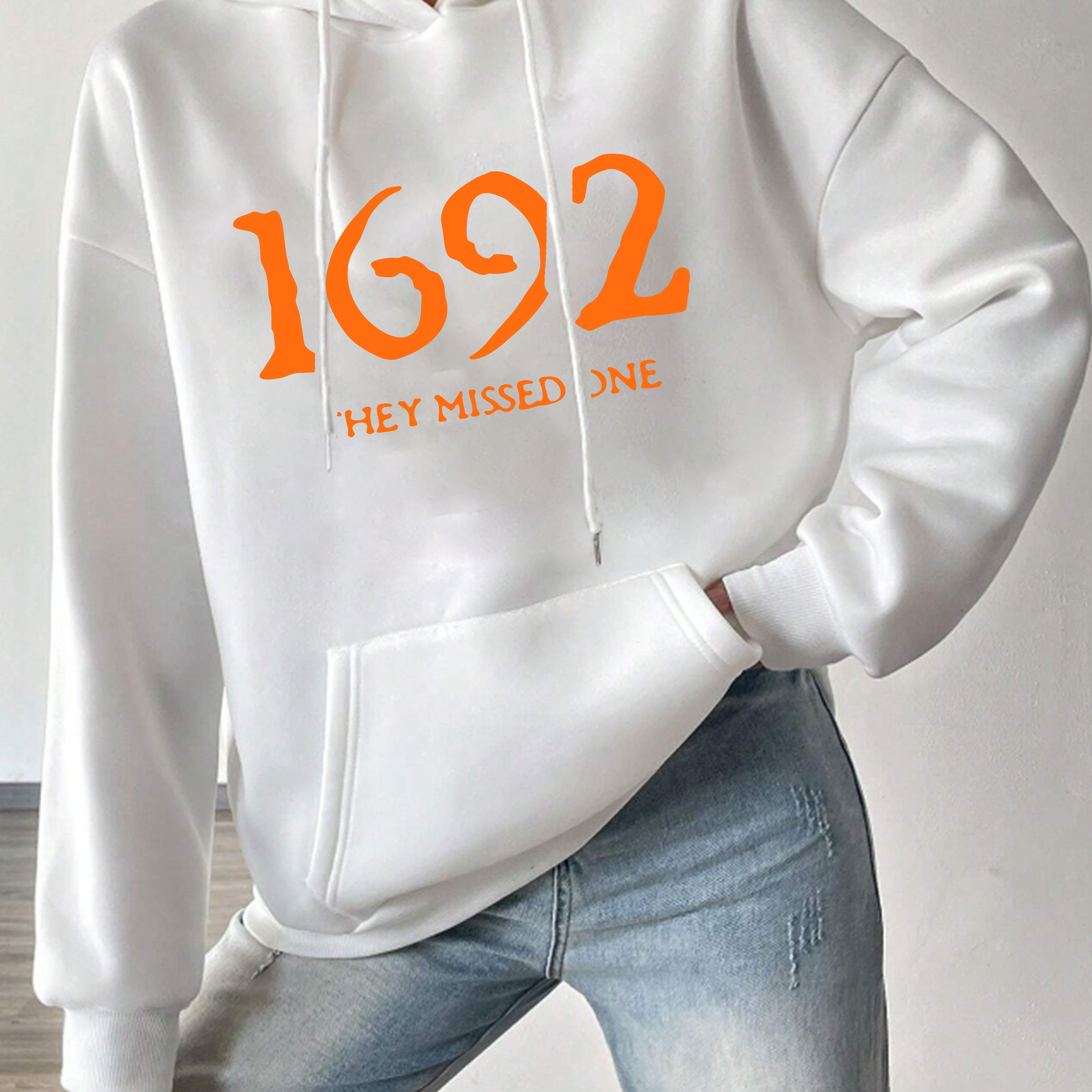 

1692 Letter Print Hoodie, Casual Pocket Long Sleeve Drawstring Hoodies Sweatshirt, Women's Clothing