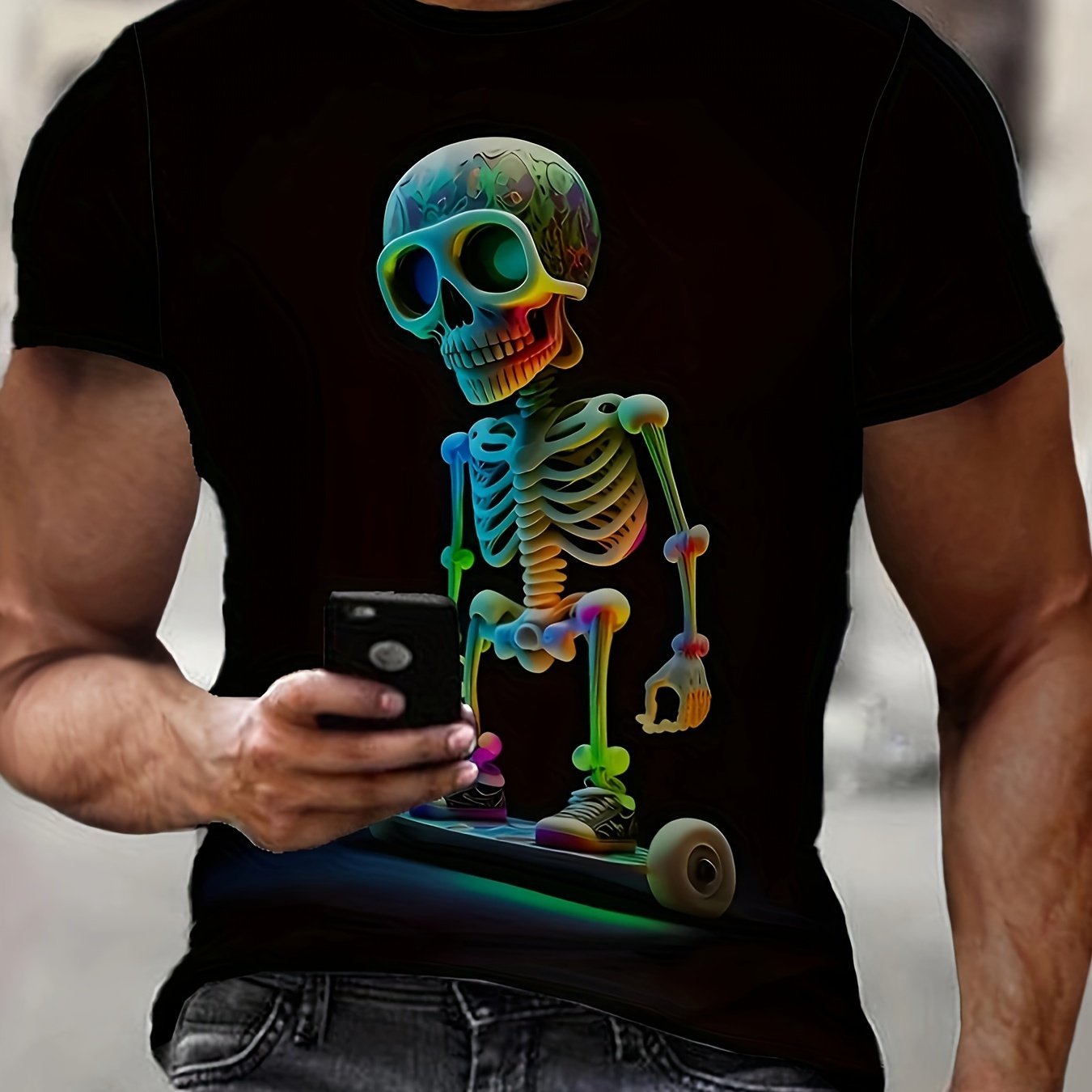

T-shirt Imprimé Squelette Pour Homme, Tee-shirt Décontracté À Manches Courtes Col Rond, Vêtements Pour Homme Pour L'extérieur