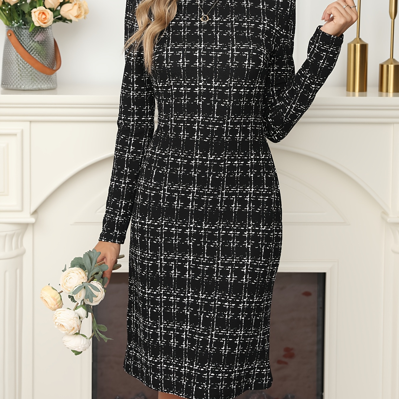 

Pattern Crew Neck Sheath Dress, Elegant Long Sleeve Knee Length Dress For Spring & Fall, Women's Clothing