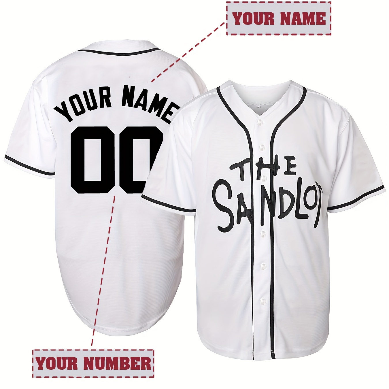 

Customized Name And Number Design, Men's The Sandlot Embroidery Design Short Sleeve Loose Breathable V-neck Baseball Jersey, Sports Shirt For Team Training