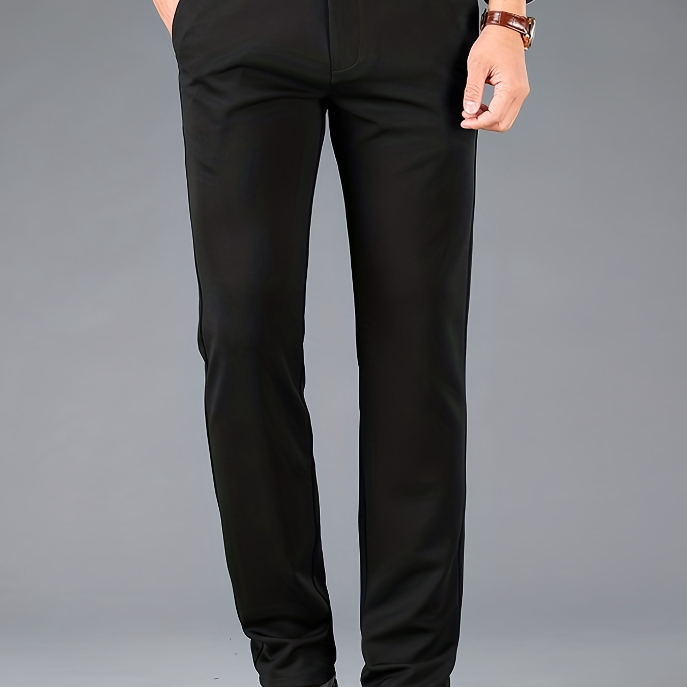 

Men's Sleek Business Casual Dress Pants - Solid Black, Straight Leg, Wrinkle-resistant Polyester Blend, Formal Trousers With Button Detail