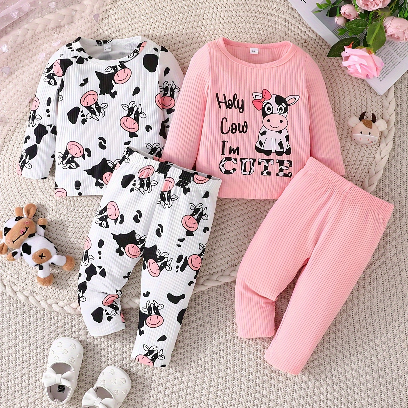 

2 's Cow Pattern Ribbed Long T- + Pants, Toddler & Infant Girl's Clothing Set