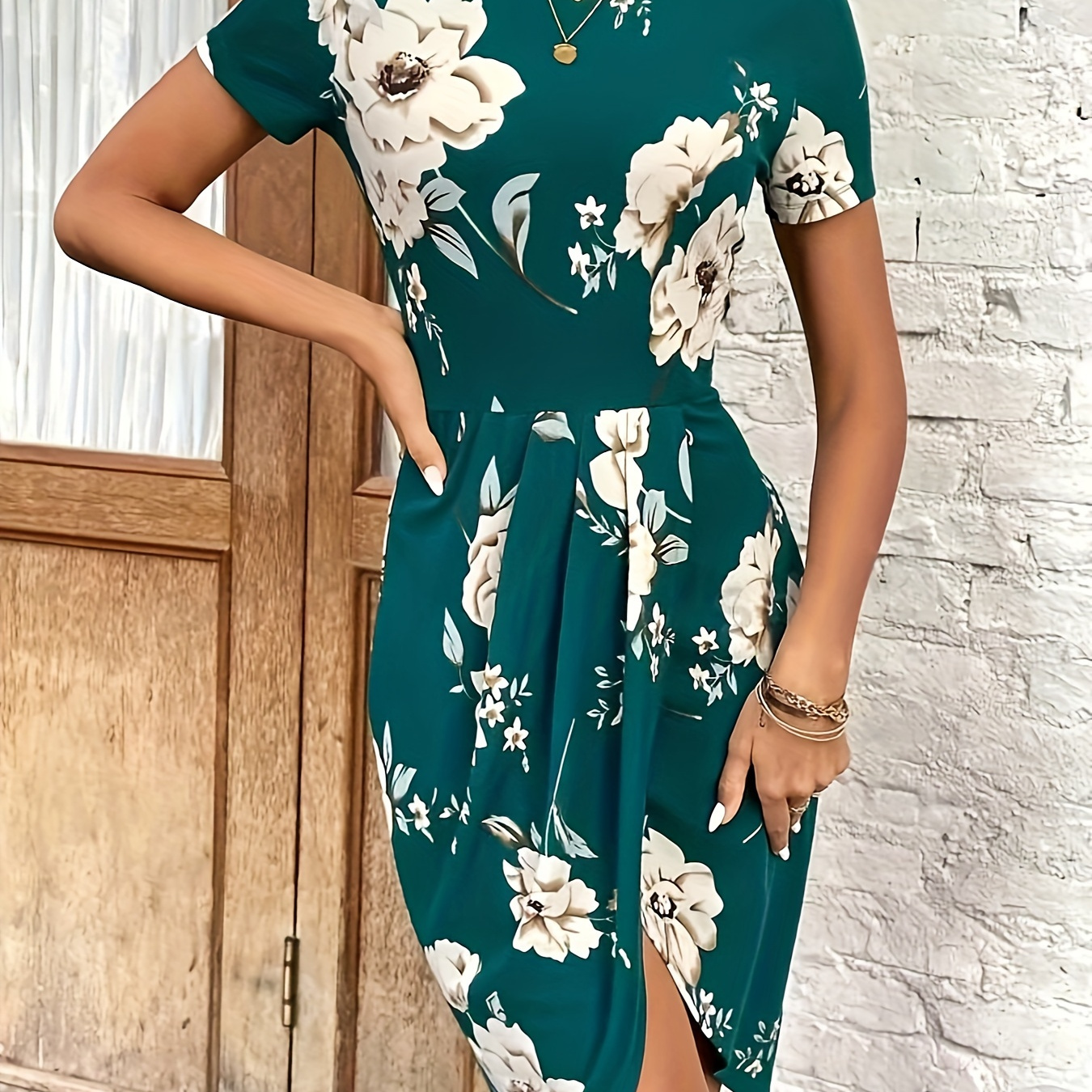 

Floral Print Crew Neck Wrap Dress, Elegant Short Sleeve Dress For Spring & Summer, Women's Clothing