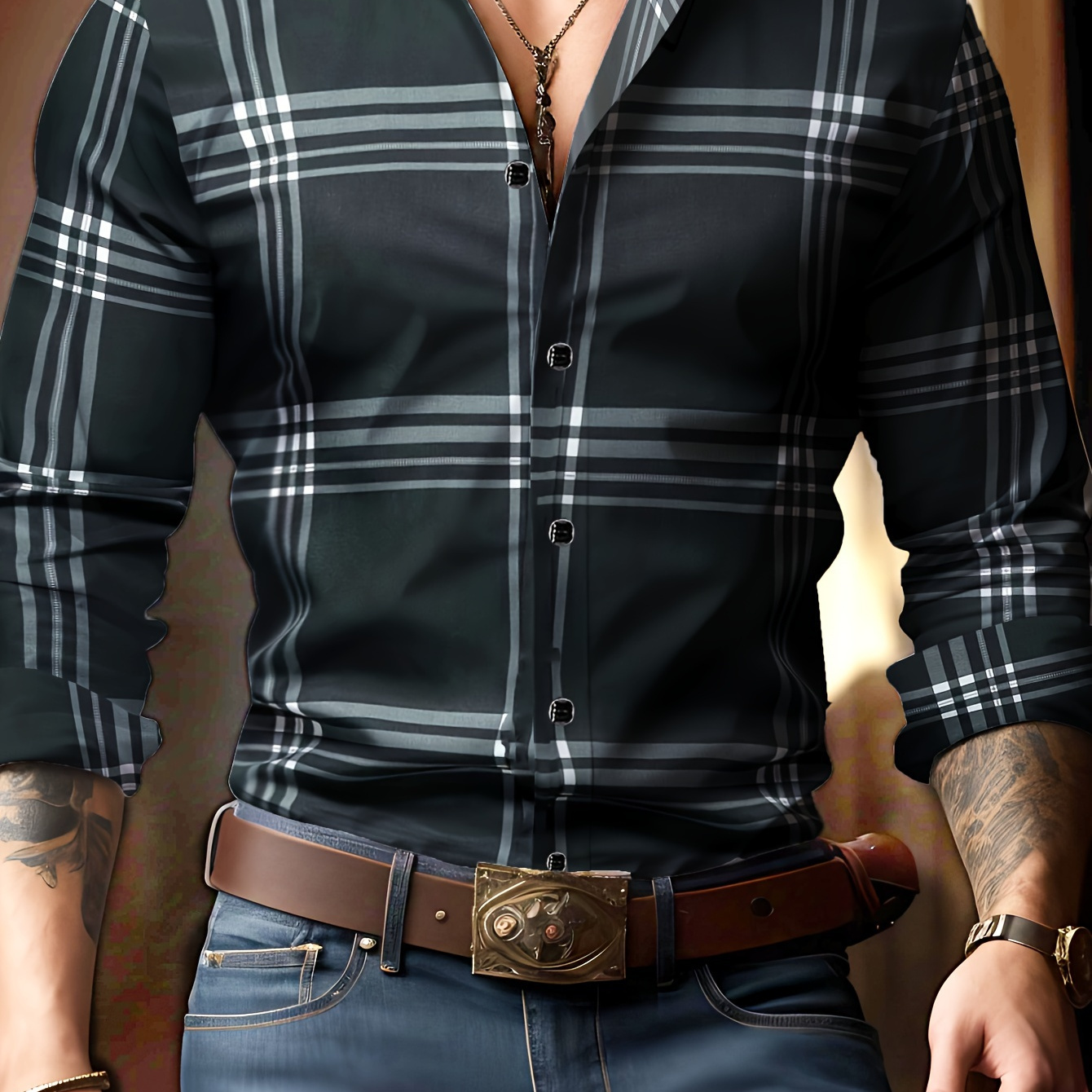 

Men's Plaid Lapel Collar Design Dress Shirts, Long Sleeve Casual Button Up Shirt For Formal Occasions