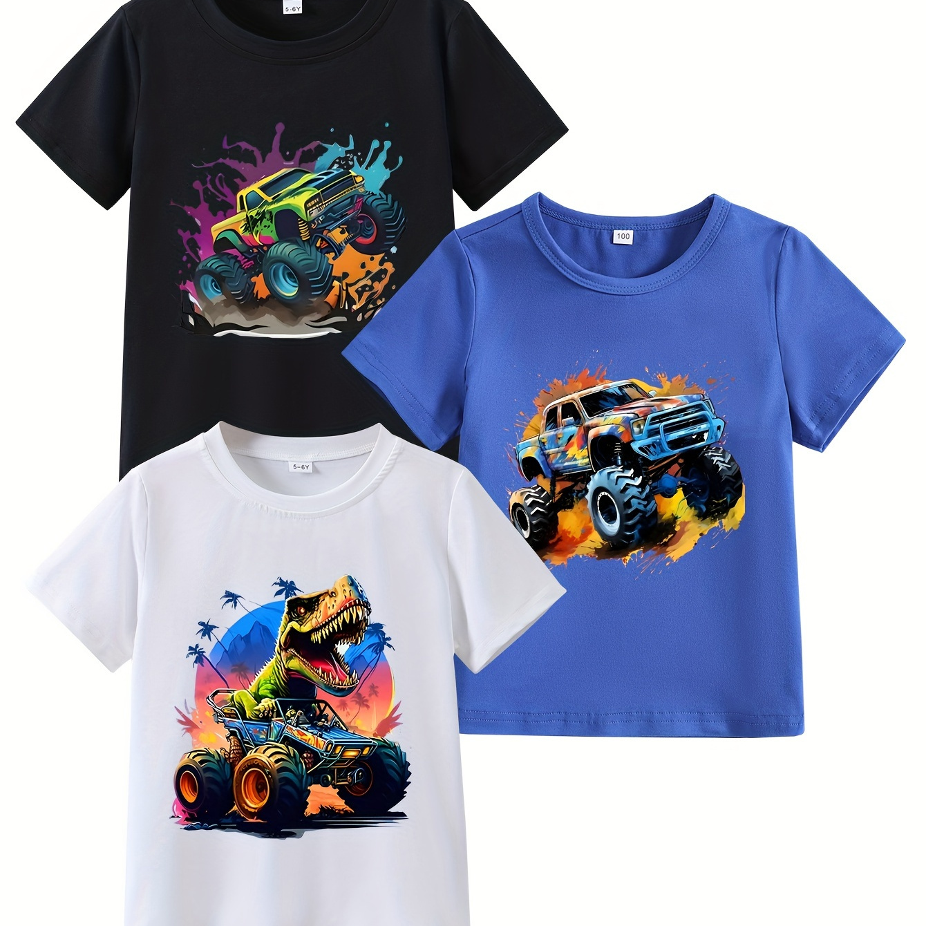 

3pcs - Casual Comfy Boys' Summer Top - Colorful Car Combination & Dinosaur Print Short Sleeve Crew Neck T-shirt Holiday Gift