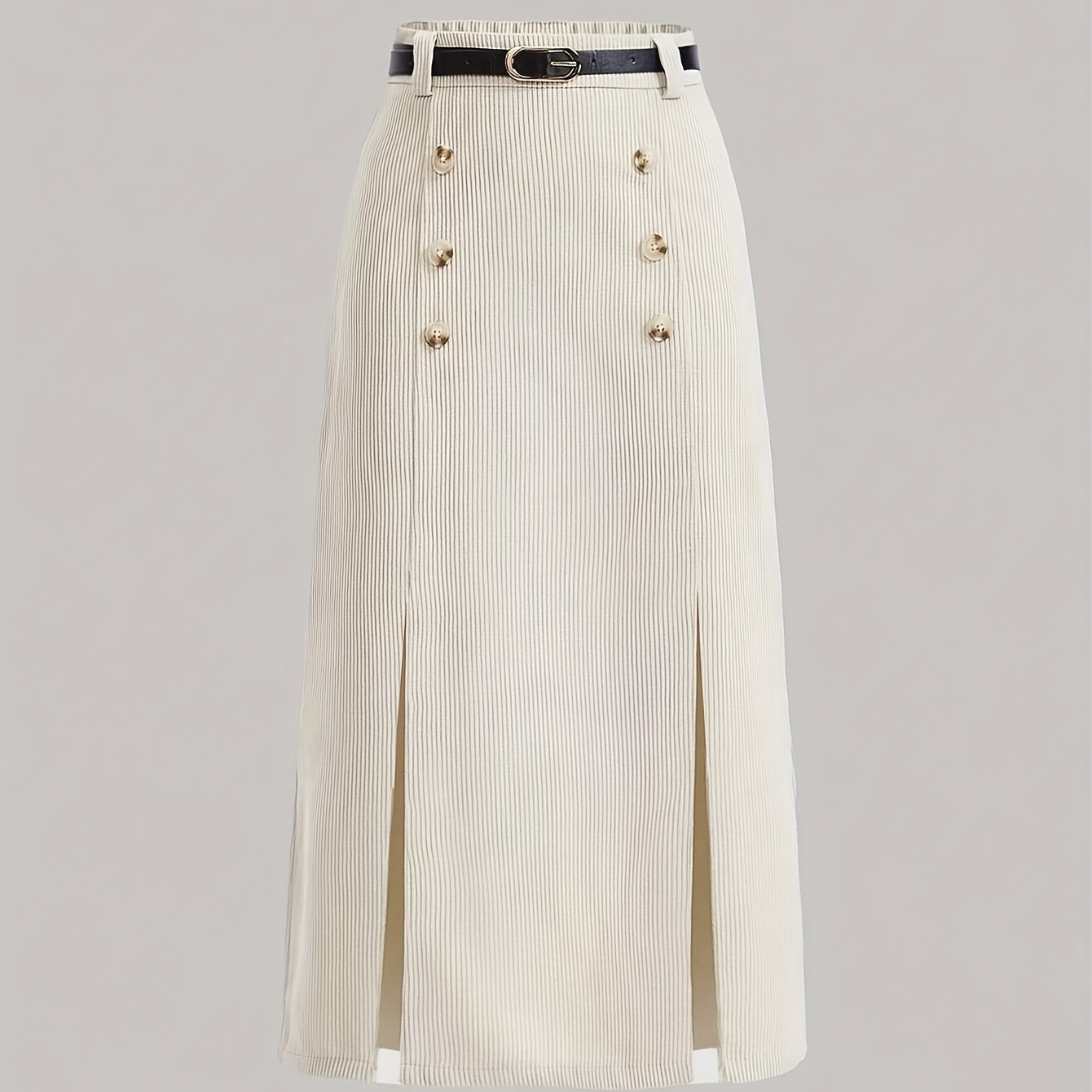 

Elegant Corduroy Midi Skirt With Belt - Split Hem, Button Detail, Machine Washable - Fall/winter