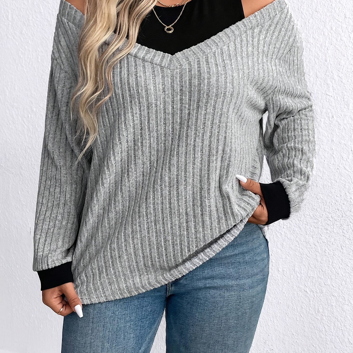 

1pc Women's Plus Size Ribbed Knit Sweater, Casual Off-shoulder/neckline Pullover, Long Sleeve Solid For Spring/autumn, Polyester