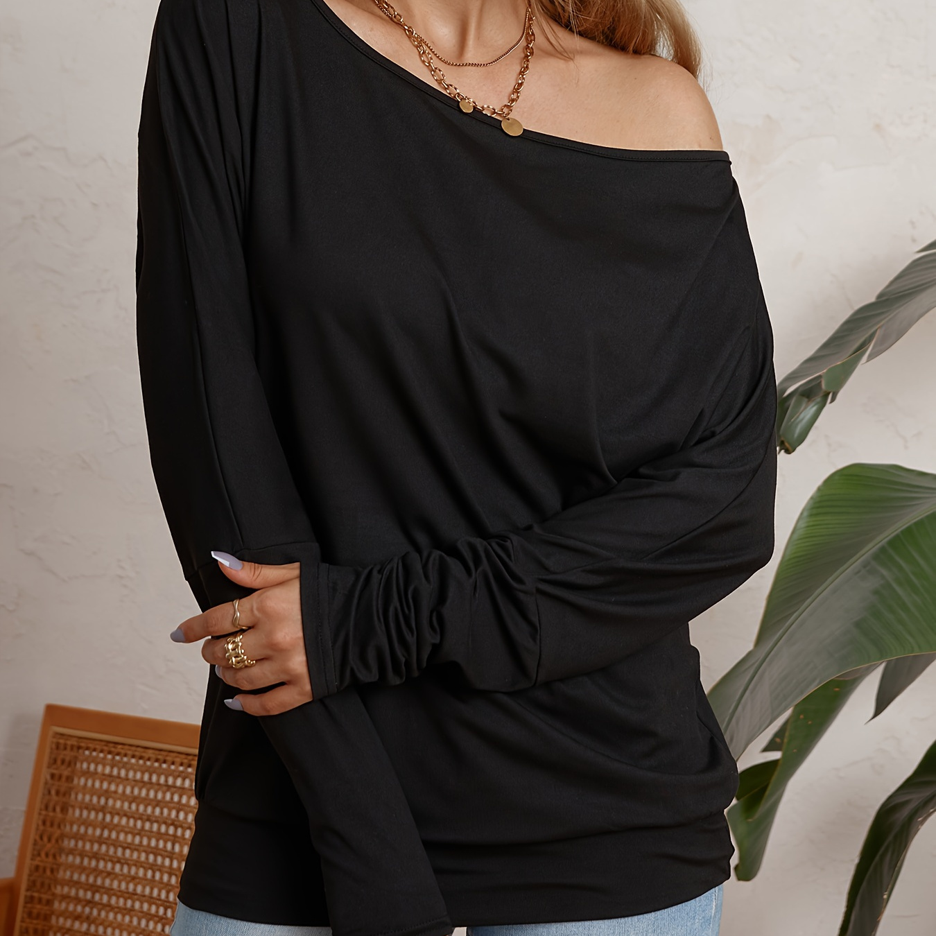 

Solid Color One-shoulder Top, Elegant Batwing Sleeve Top For Spring & Fall, Women's Clothing