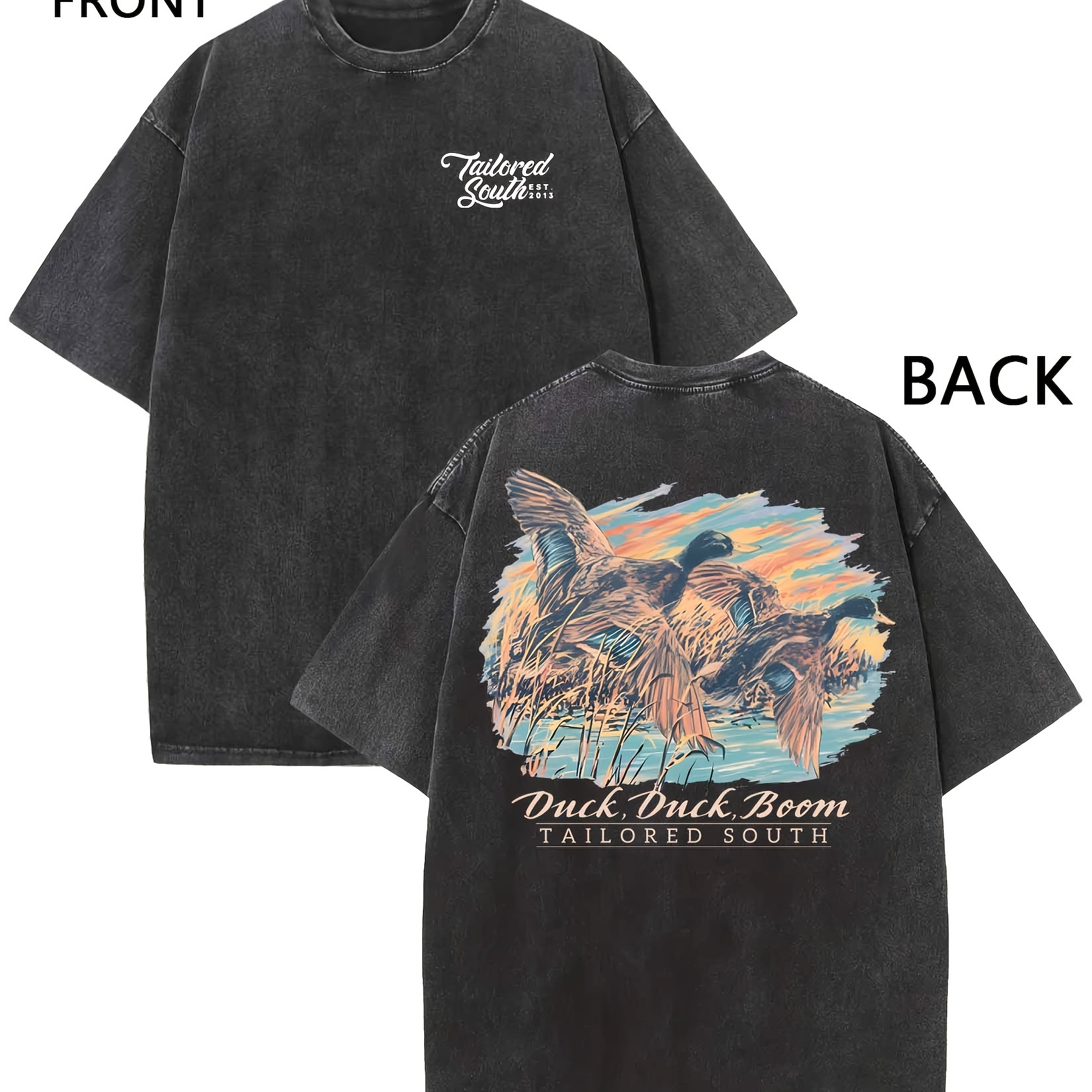 

Duck In Flight Double-sided Print., Boutique 230g Washed Distressed Batik Thickened Cotton T-shirt, Men' Casual Cotton T-shirt, Short Sleeve Crew Neck T-shirt