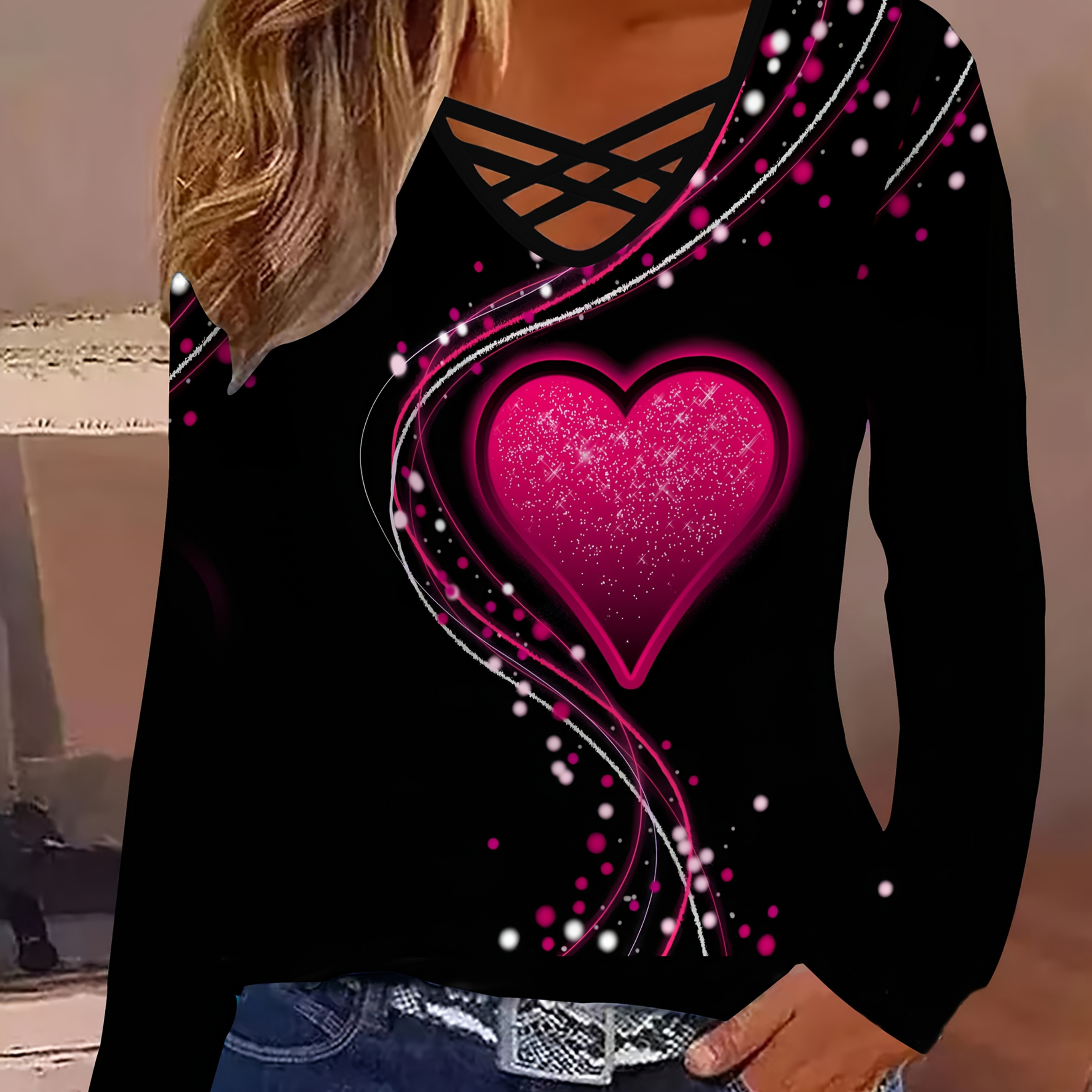 

Plus Size Women's Casual Long Sleeve T-shirt With 3d Heart Print, Polyester 95% Spandex 5%, Medium Stretch, Neck, All