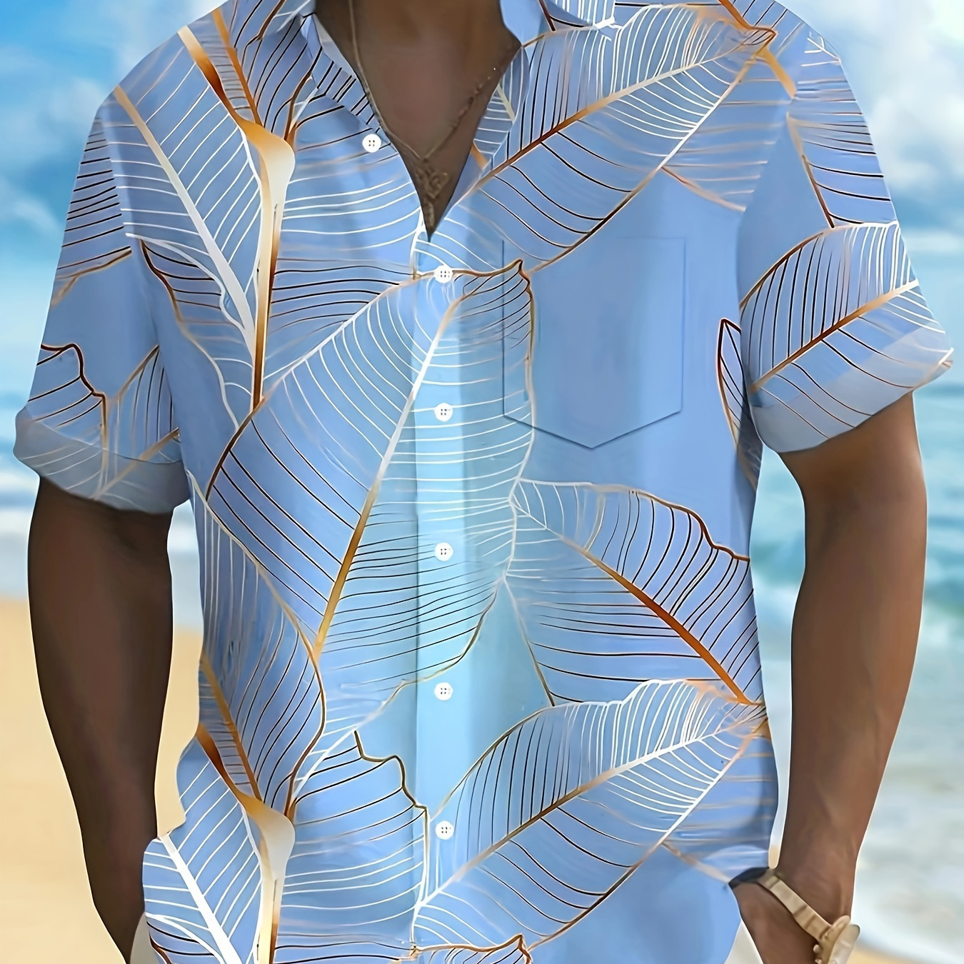 

Men's Summer Casual Short Sleeve Shirt, 100% Polyester, Leaf Graphic Print, Lapel Collar, Single Breasted, Woven Fabric, Non-stretch, Regular Fit, Digital Heat Transfer, Pocket Detail, 130gsm -