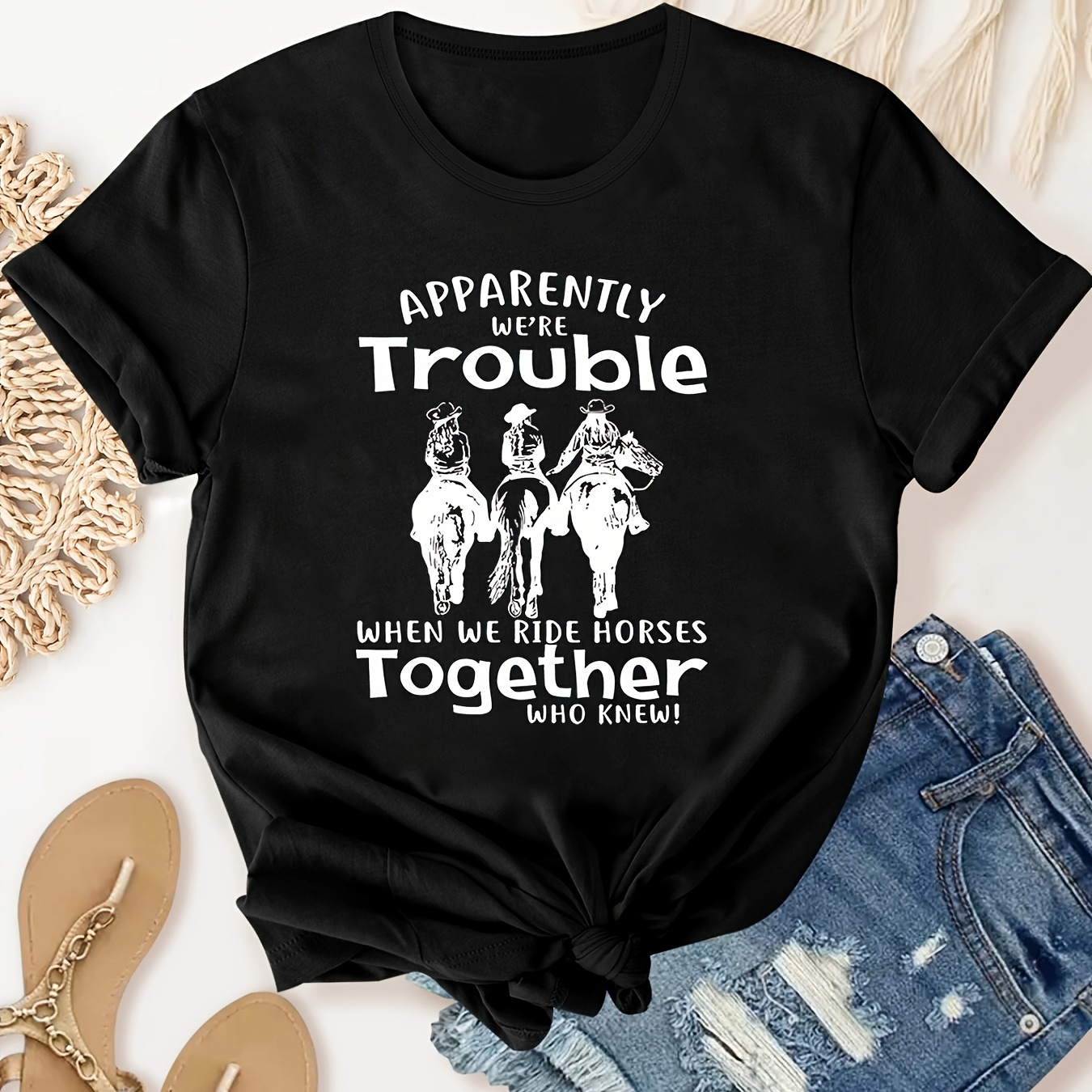 

Apparently We're Trouble Print T-shirt, Crew Neck Short Sleeve T-shirt, Casual Sport Tops, Women's Clothing