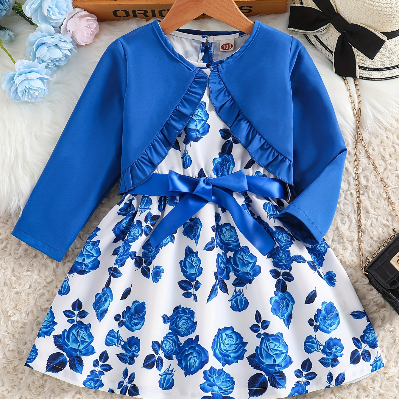 

Sweet & Elegant Girls 2pcs Ruffle Trim Long Sleeve Outerwear + Flora Graphic Sleeveless Dress With Bow Belt For Party