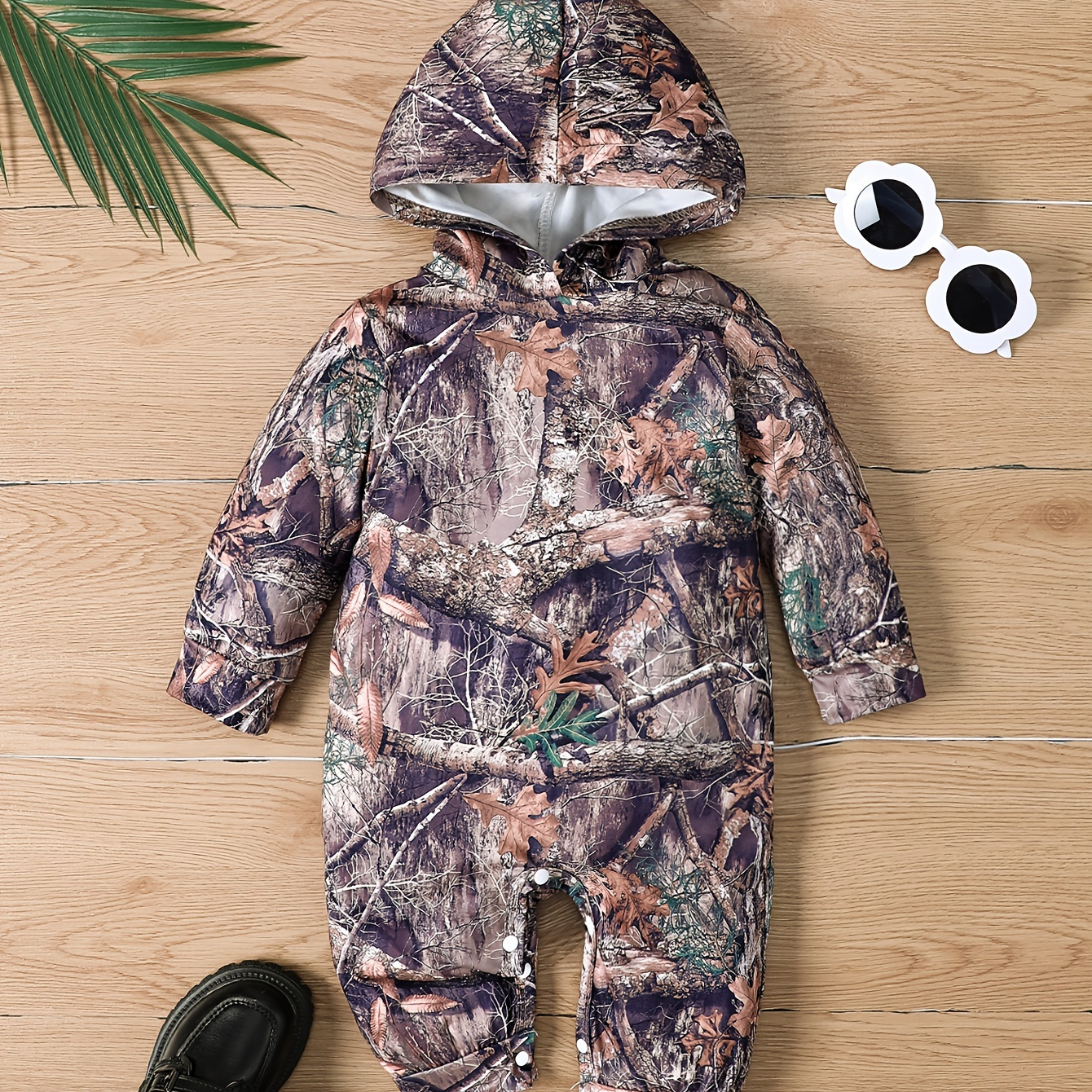 

Infant's Tree & Leaves Pattern Hooded Bodysuit, Comfy Long Sleeve Onesie, Baby Boy's Clothing, As Gift