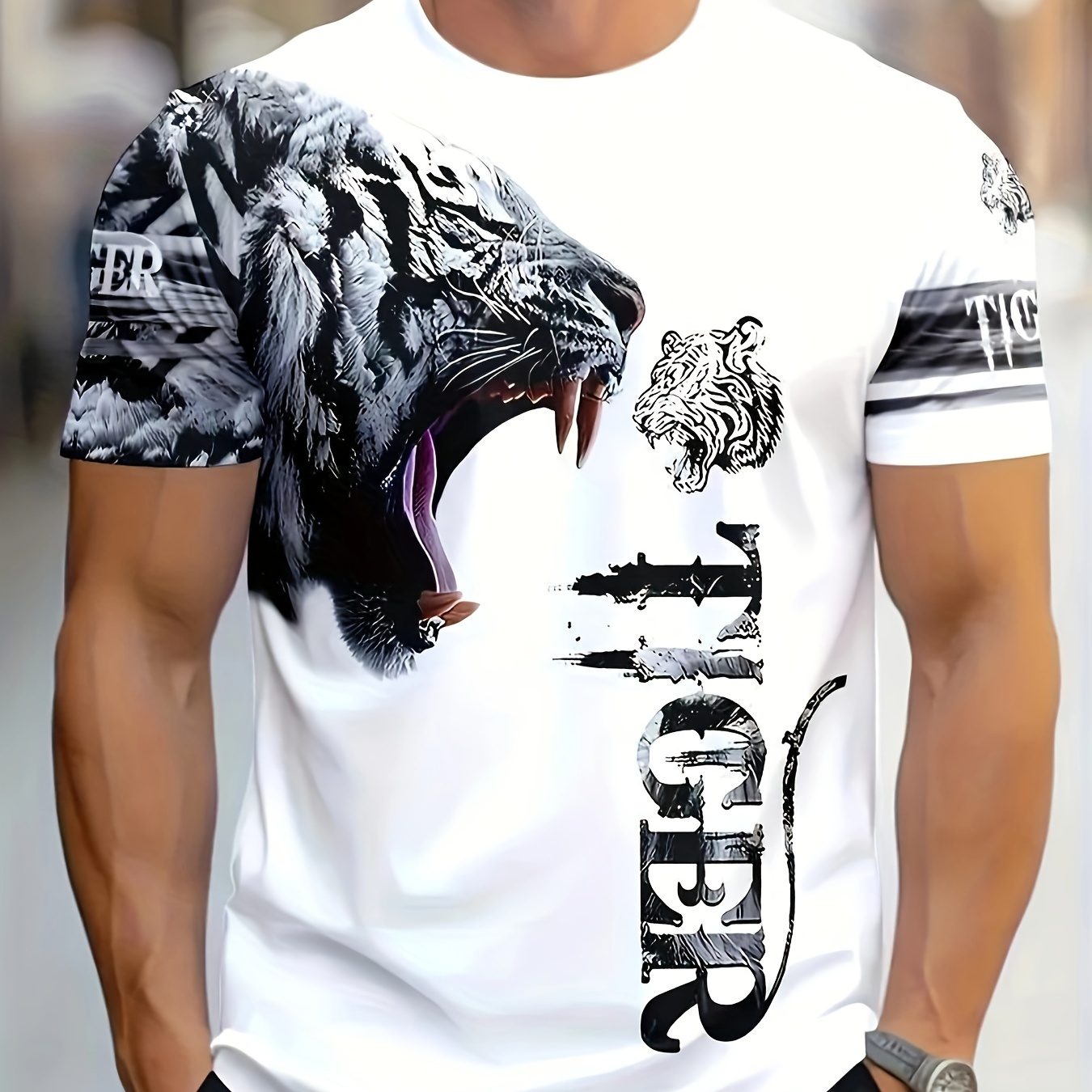 

T-shirt Décontracté pour Homme à Col Rond, Imprimé Tigre 3D - Polyester , Tissu Élastique, Lavable en Machine