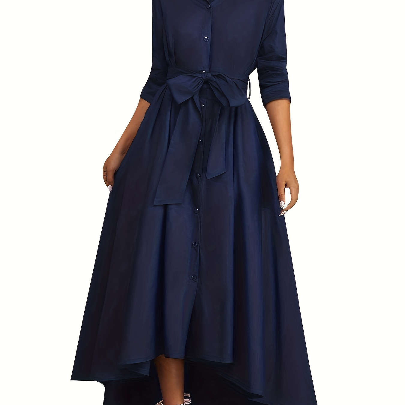 

Tie Waist A-line Shirt Dress, Elegant Button Front Long Sleeve Dress For Fall & Winter, Women's Clothing