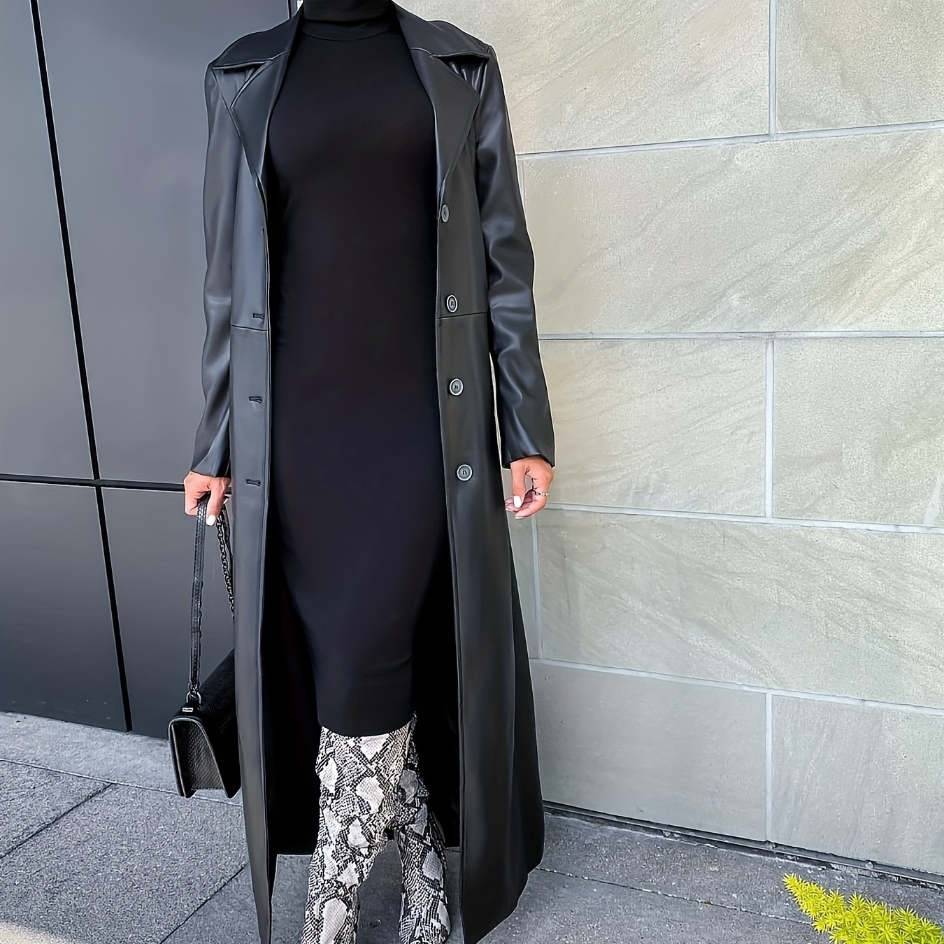 

1pc Elegant Women's Long Sleeve Trench Coat, Sexy Solid Color Pu Leather Outerwear With Button Closure, Polyester Warm Long Jacket