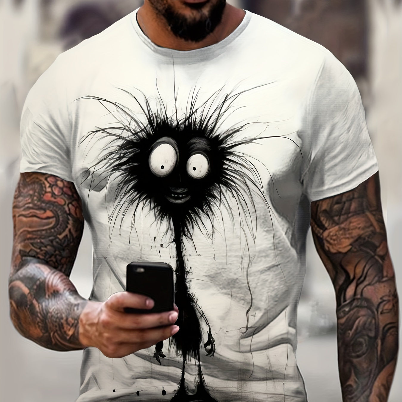 

Men's Cartoon Style Monster Pattern Crew Neck Short Sleeve T-shirt, Casual And Stylish Tops For Summer Home And Outdoors Wear