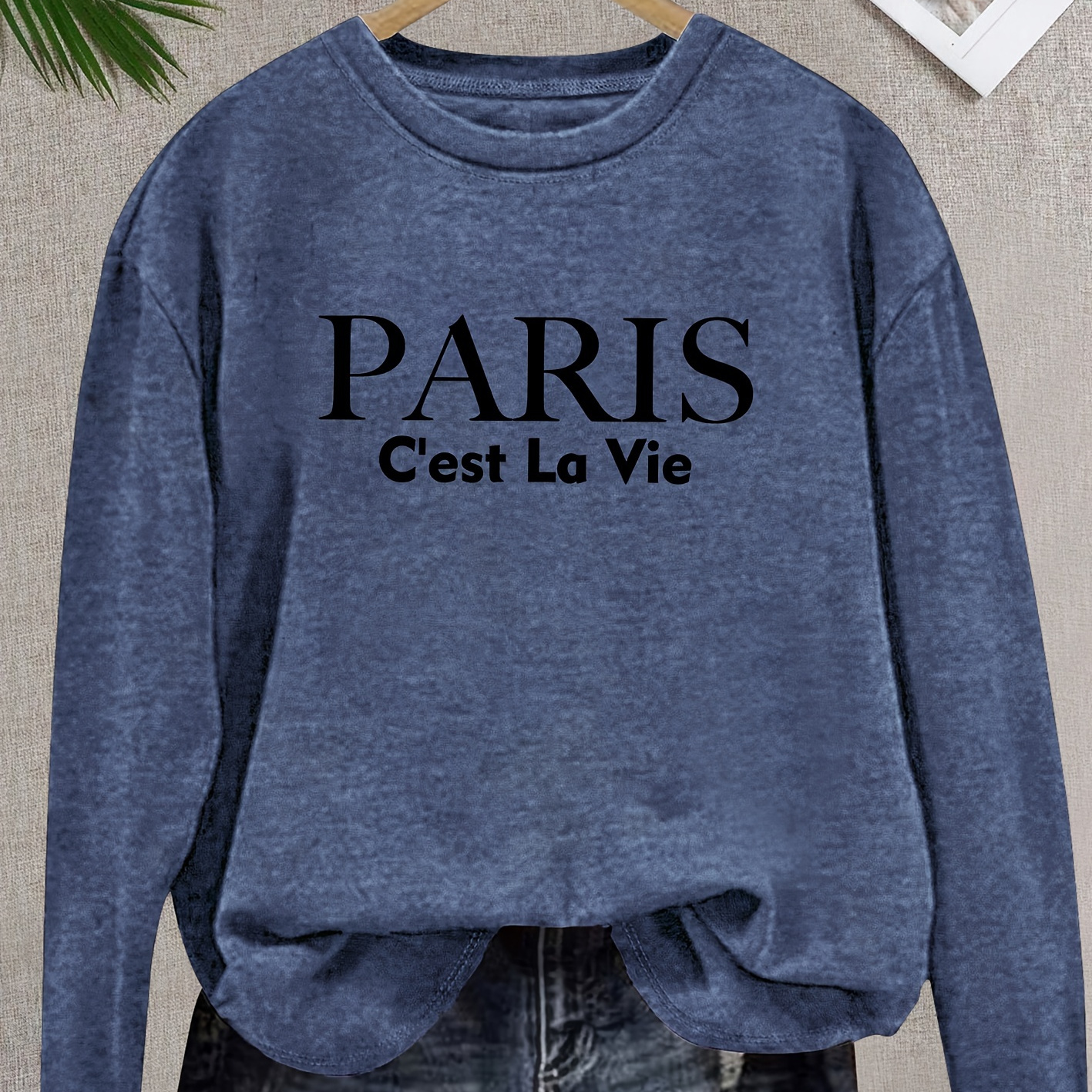 

Vintage Paris Letter Print Sweatshirt For Women, Medium Stretch, Round Neck, Casual Top