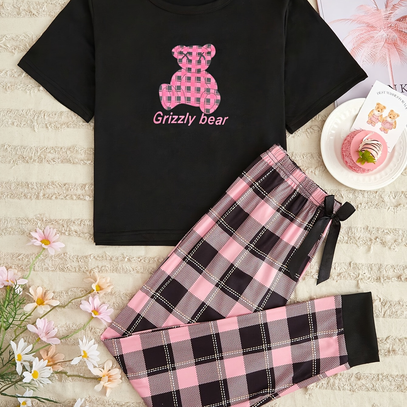 

Plaid Bear & Letter Print Pajama Set, Cozy Short Sleeve Round Neck Tee & Bow Joggers, Women's Sleepwear