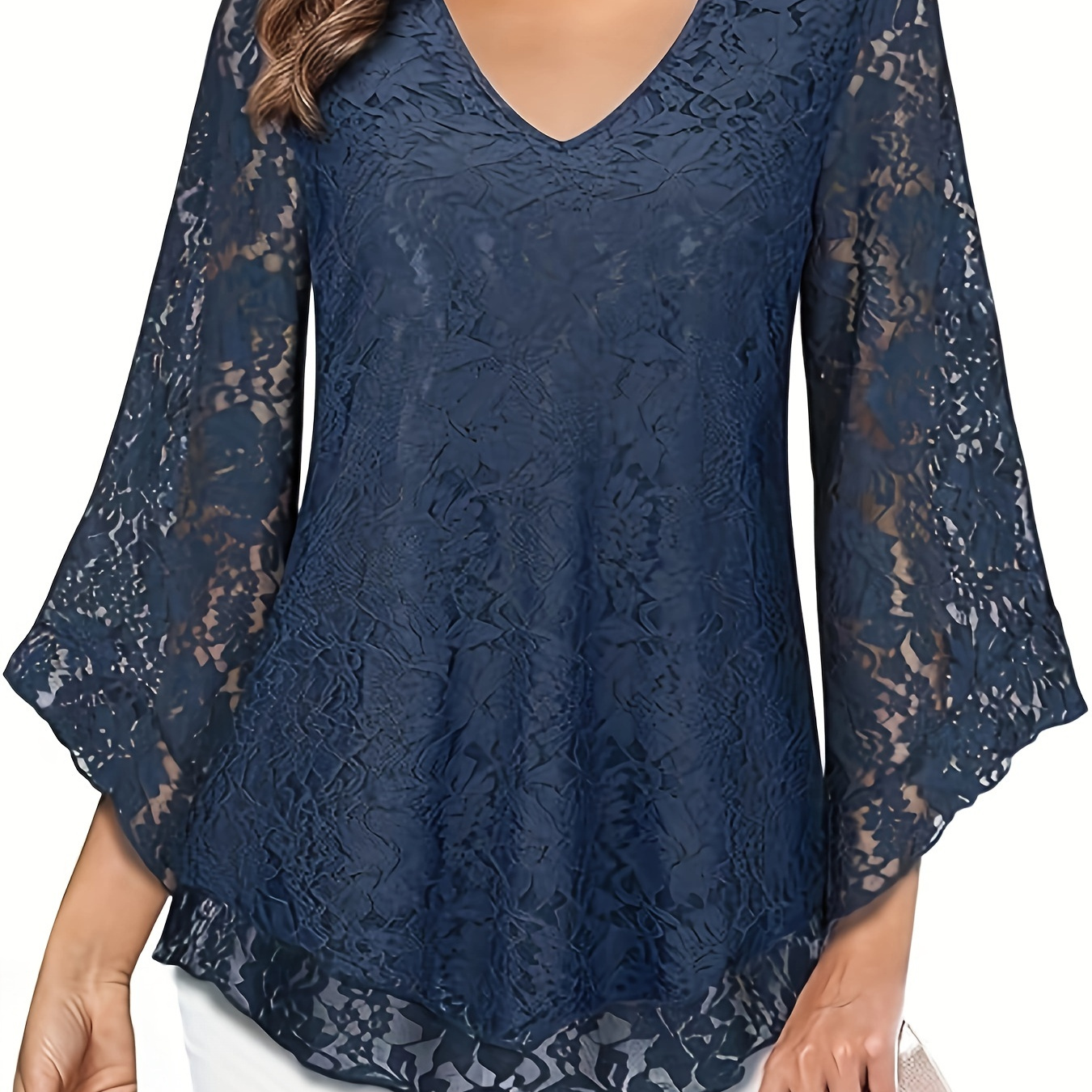 

Size Lace Blouse With Floral Patterns - V-neck, 3/4 Sleeve, Non-stretch Fabric, Machine Washable - Sophisticated Style For All