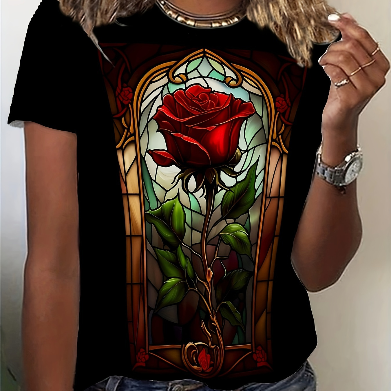 

Rose Neck T-shirt, Casual Short Sleeve T-shirt For , Women's Clothing