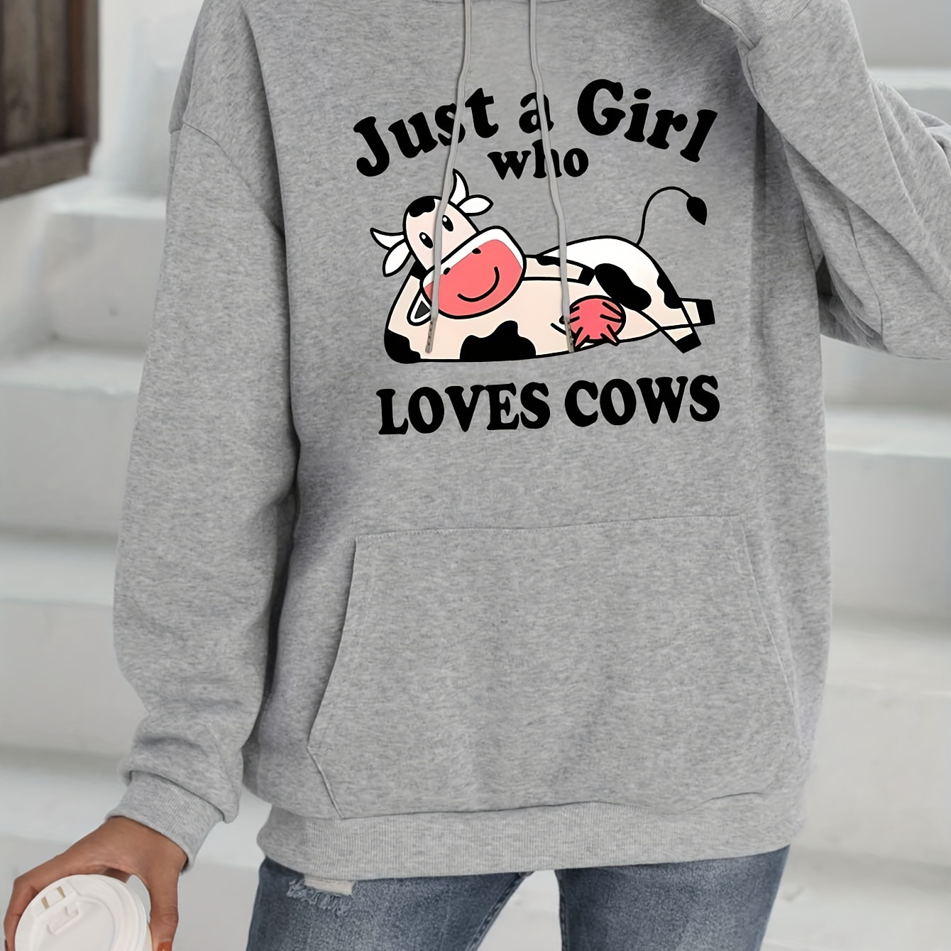 

Cow & Letter Print Drawstring Hoodie, Casual Long Sleeve Kangaroo Pocket Hoodie Sweatshirt, Women's Clothing