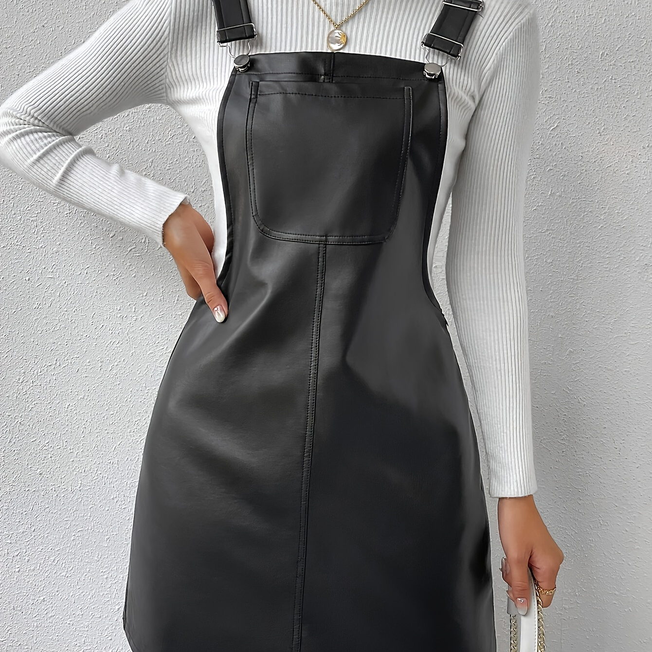 

Solid Color Pu Body Suit Skirt With Suspenders, Does Not Sweater